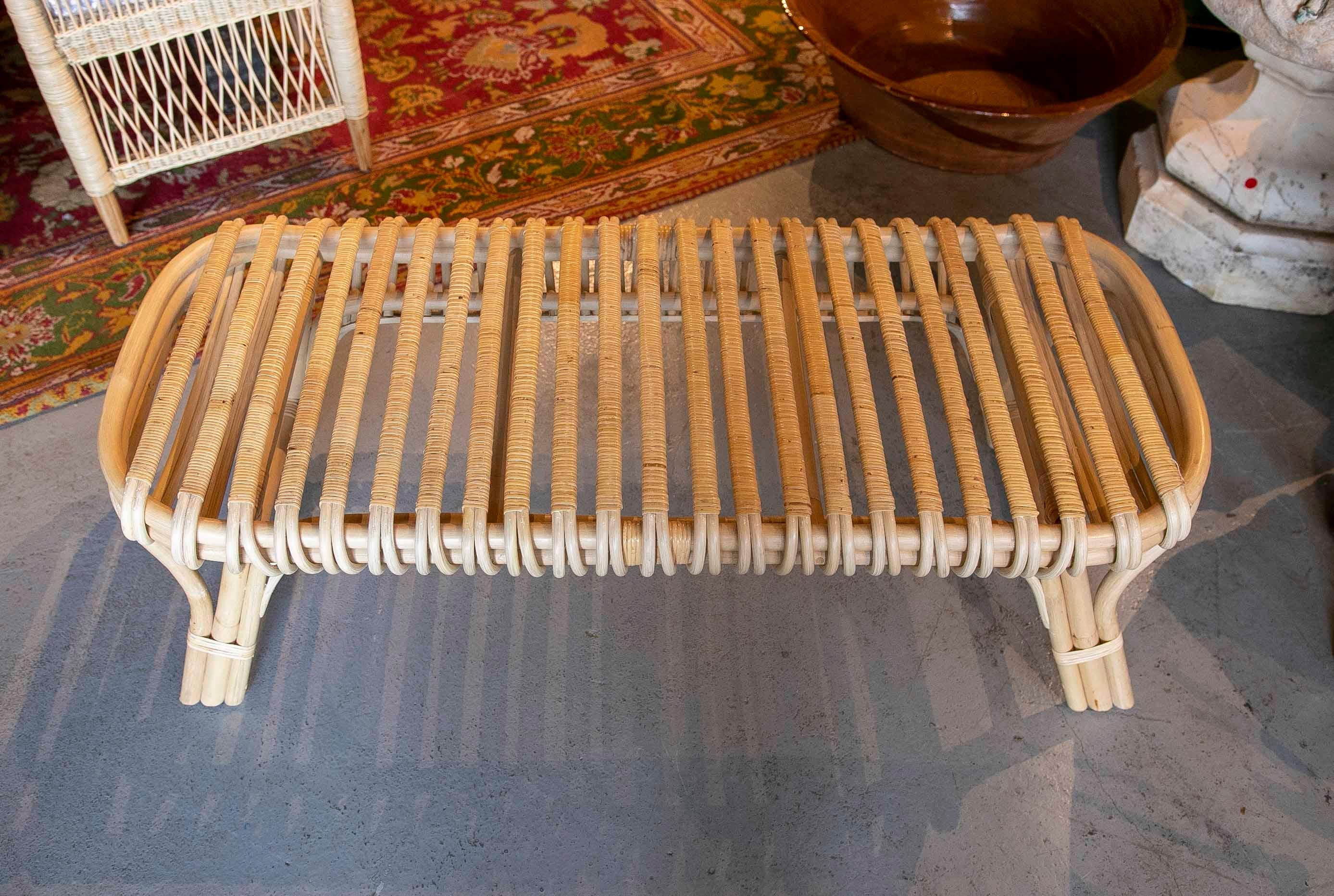 European Handmade Bamboo and Wicker Rectangle Bench For Sale