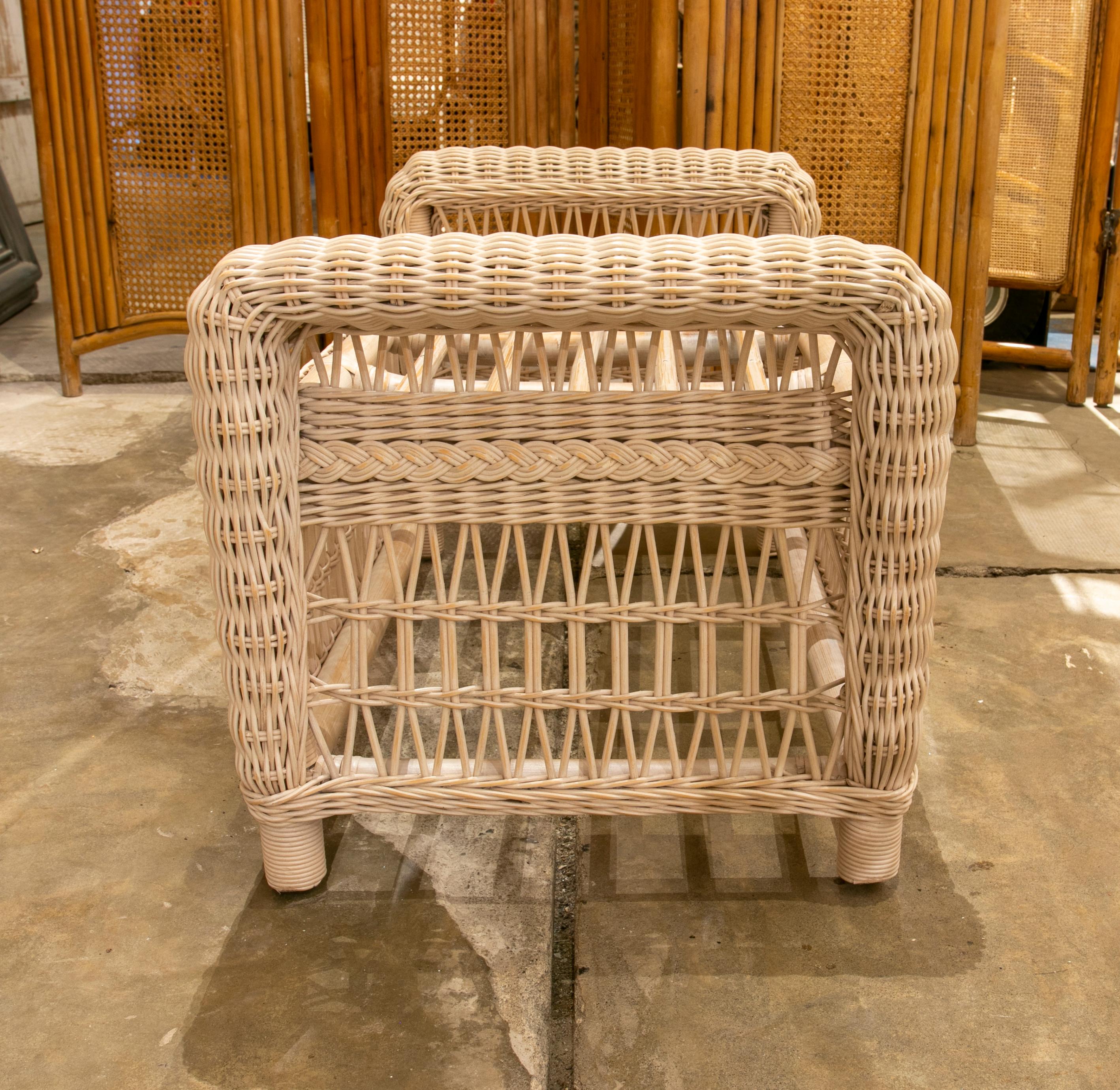 Handmade Bamboo and Wicker Stool Painted in White Colour In Good Condition In Marbella, ES