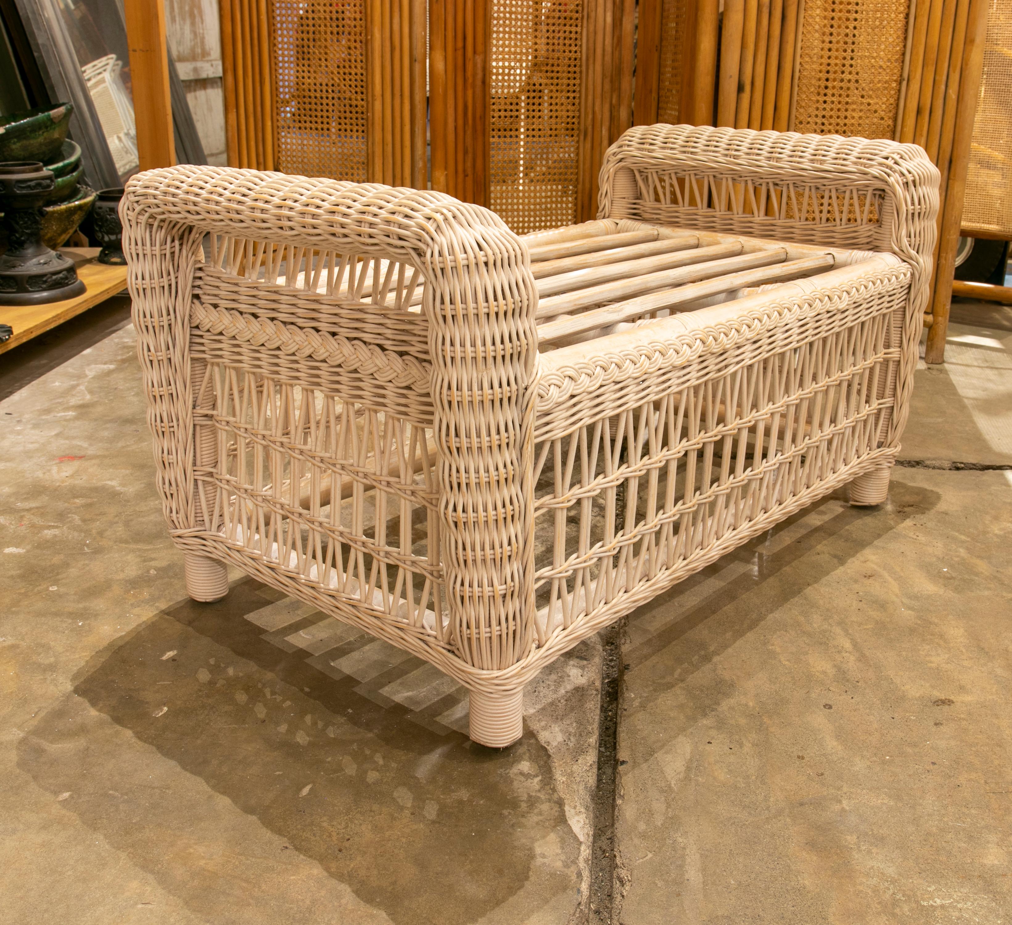 20th Century Handmade Bamboo and Wicker Stool Painted in White Colour