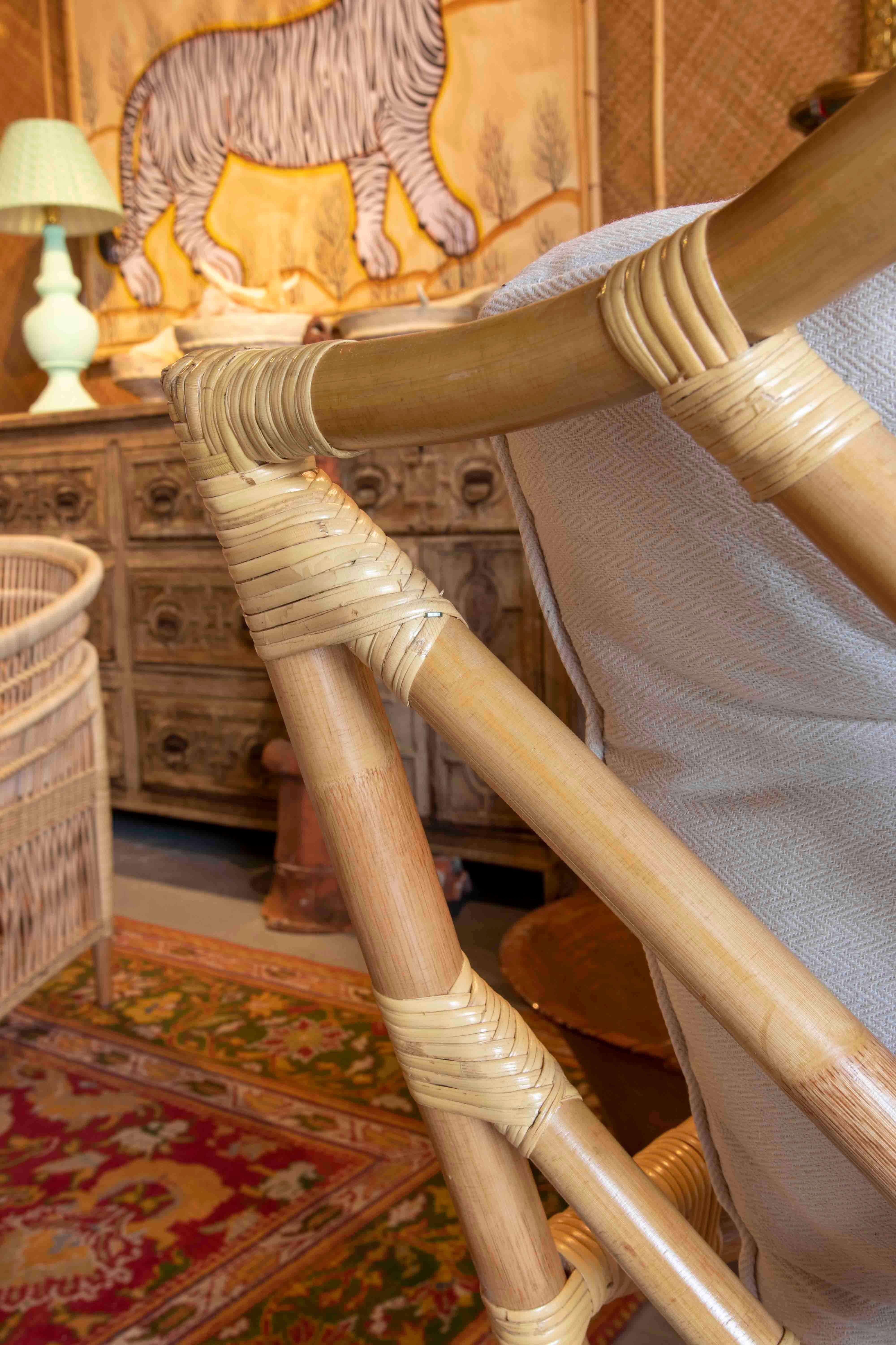 Handmade Bamboo Armchair with Beige Cushion For Sale 7