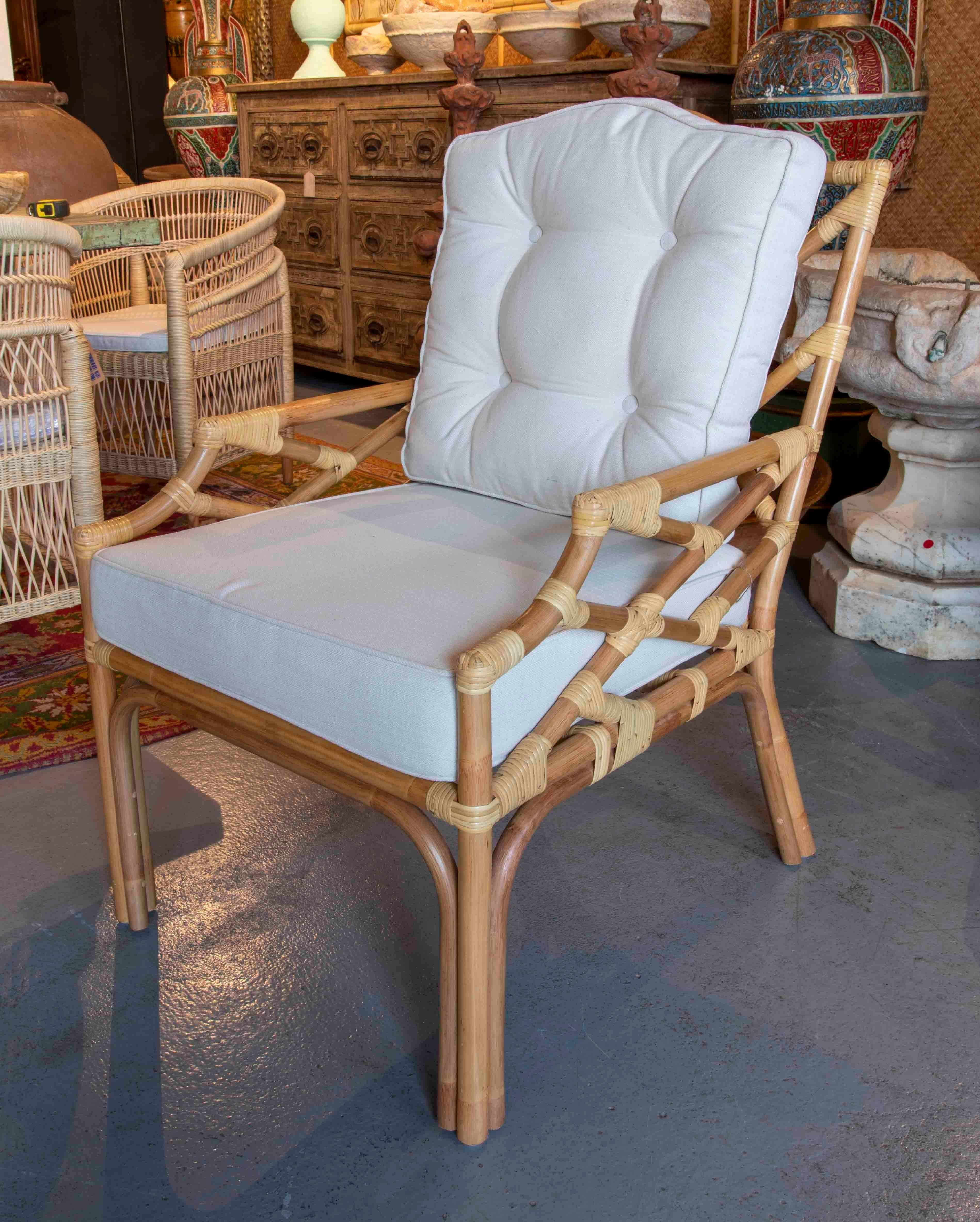 Contemporary Handmade Bamboo Armchair with Beige Cushion For Sale