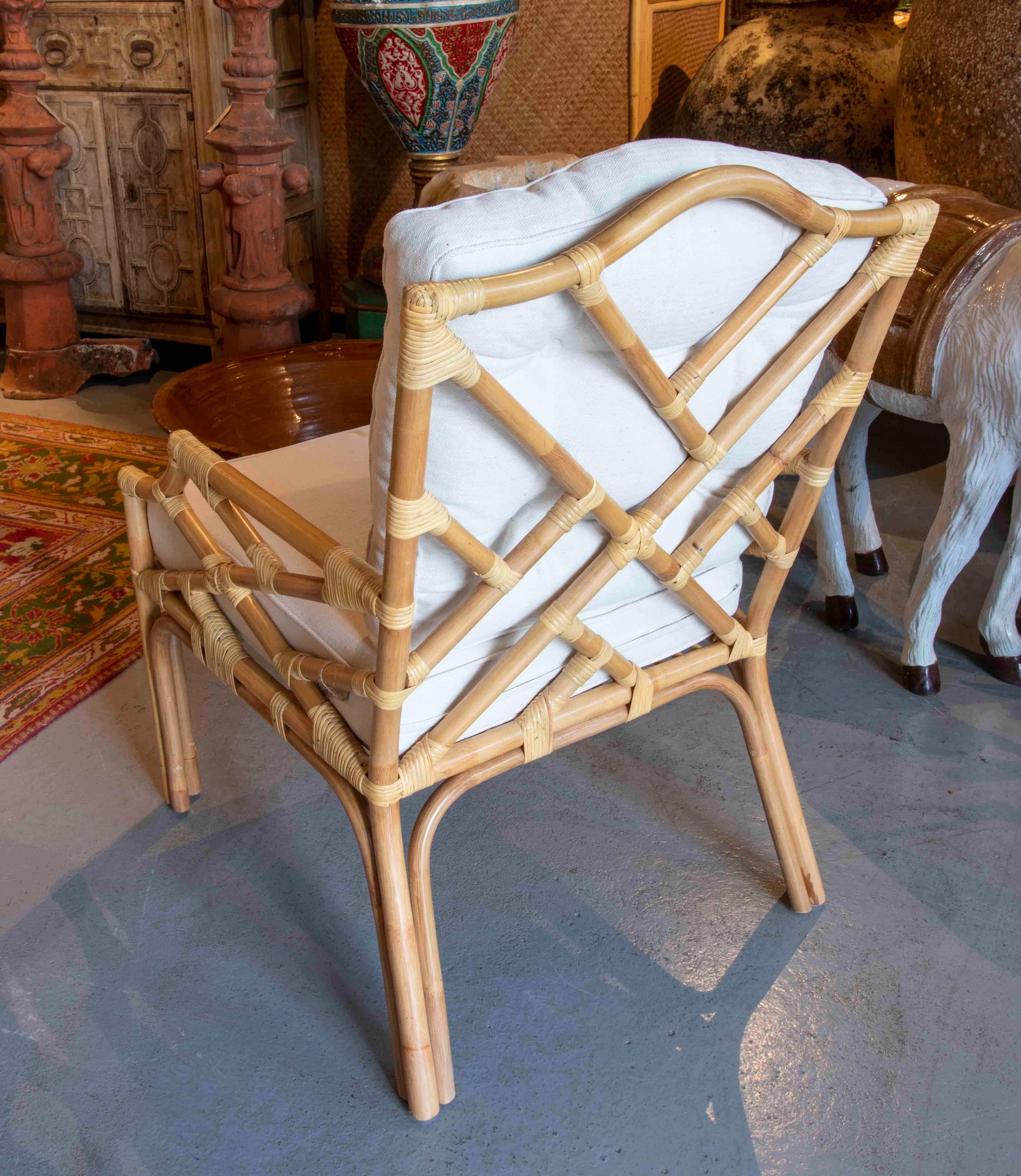 Handmade Bamboo Armchair with Beige Cushion For Sale 2