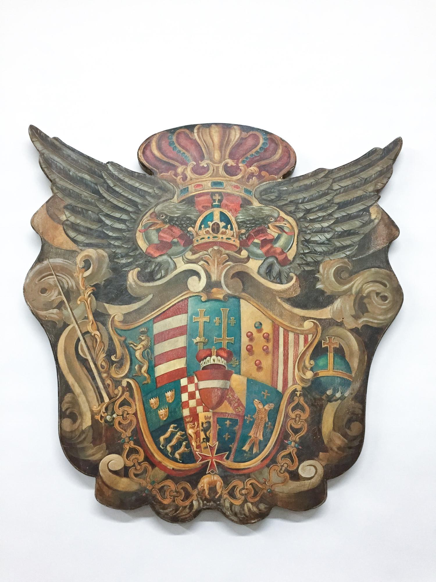 This is a wonderful handmade Baronial Crest Plaque on solid wood, featuring imagery tied to heraldry of the the House of Habsburg-Lorraine, originating from the marriage in 1736 of Francis III, Duke of Lorraine and Bar, and Maria Theresa of Austria,