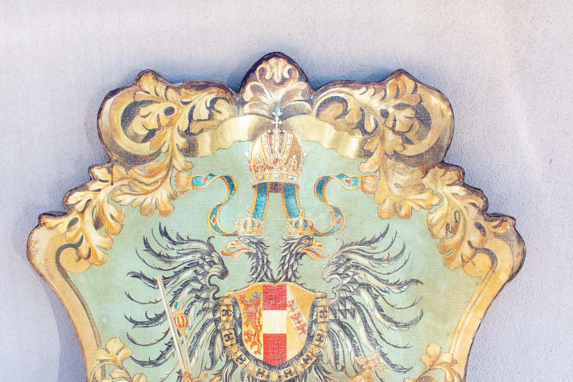This is a wonderful handmade Baronial Crest Plaque on solid wood, featuring imagery tied to heraldry of the Arch-Duchy of Austria. The arms are the so-called small arms of Arch-Duchy of Austria, one of the two main territories in the