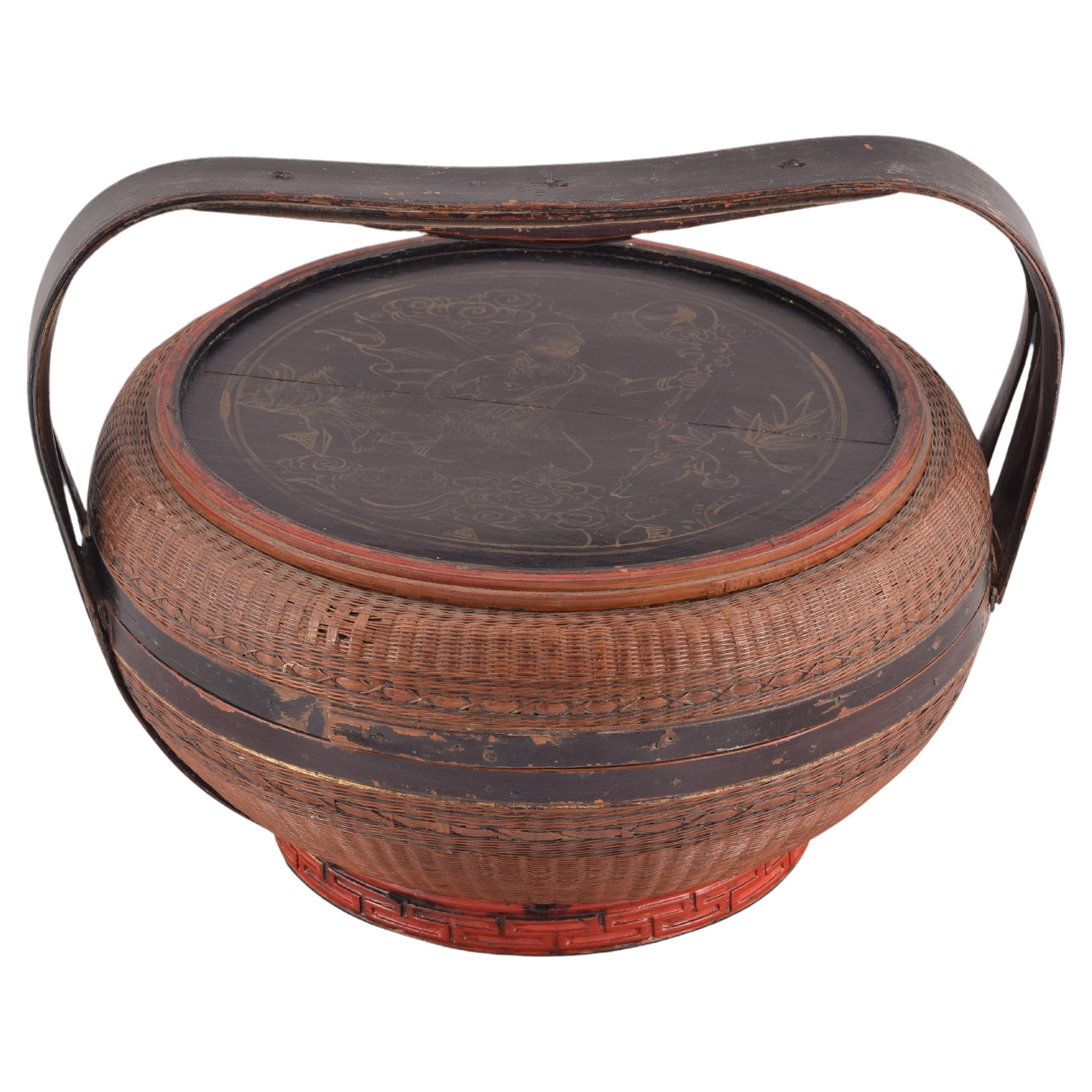 Handmade basket. Vegetable fiber and lacquered wood. China, ca early 20thc. For Sale