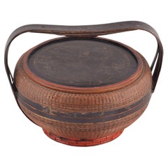 Retro Handmade basket. Vegetable fiber and lacquered wood. China, ca early 20thc.