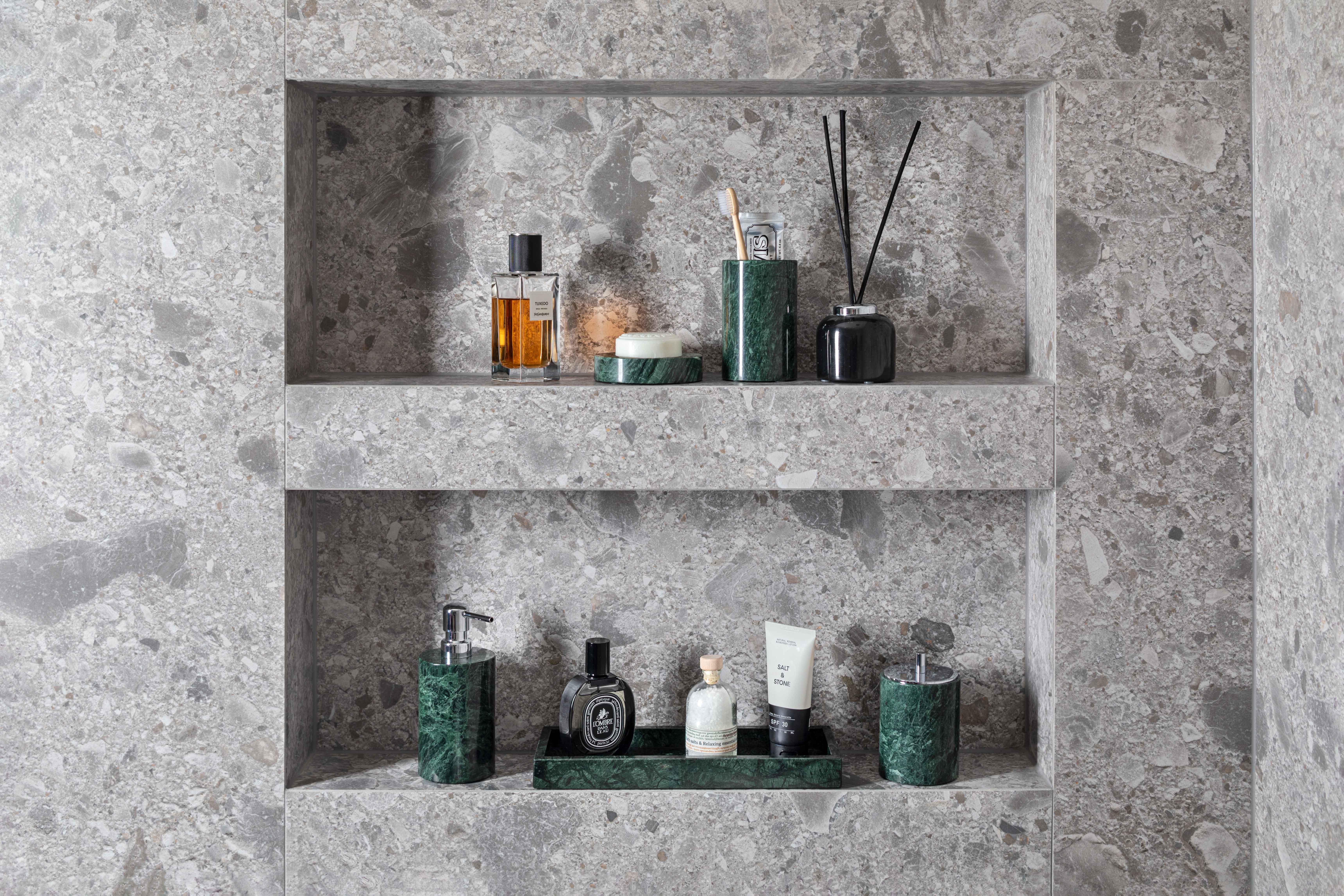 Crafted from elegant Green Guatemala marble, this deluxe bathroom set is designed to enhance both the beauty and functionality of your bathroom, spa, or hotel.

The set includes a soap dispenser, soap dish, and toothbrush holder, all made from