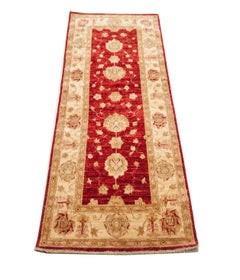 Handmade Beige and Red Wool Runner Carpet, circa 1980