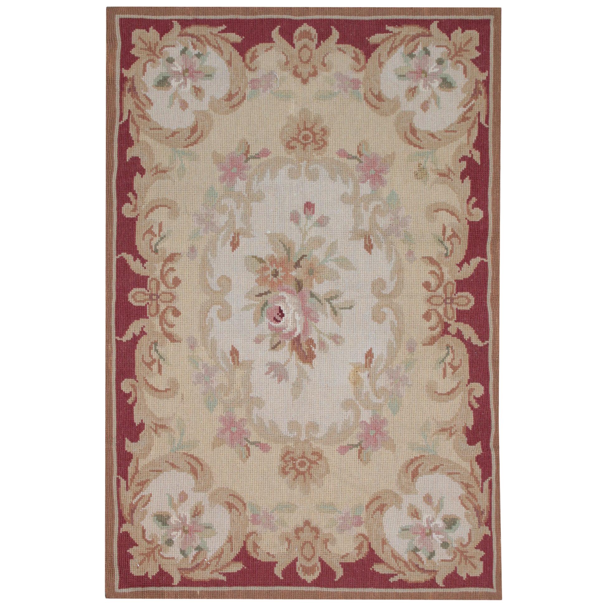 Handmade Beige Rug, Floral Patterned Carpet FlatWeave Cream Aubusson