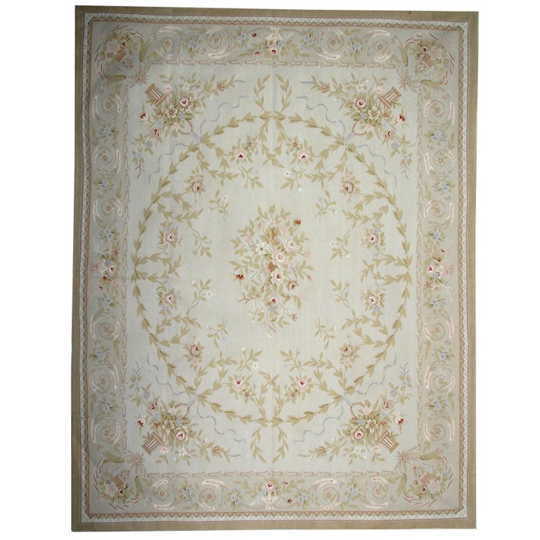 Handmade Beige Rug, Floral Patterned Carpet FlatWeave Cream Aubusson