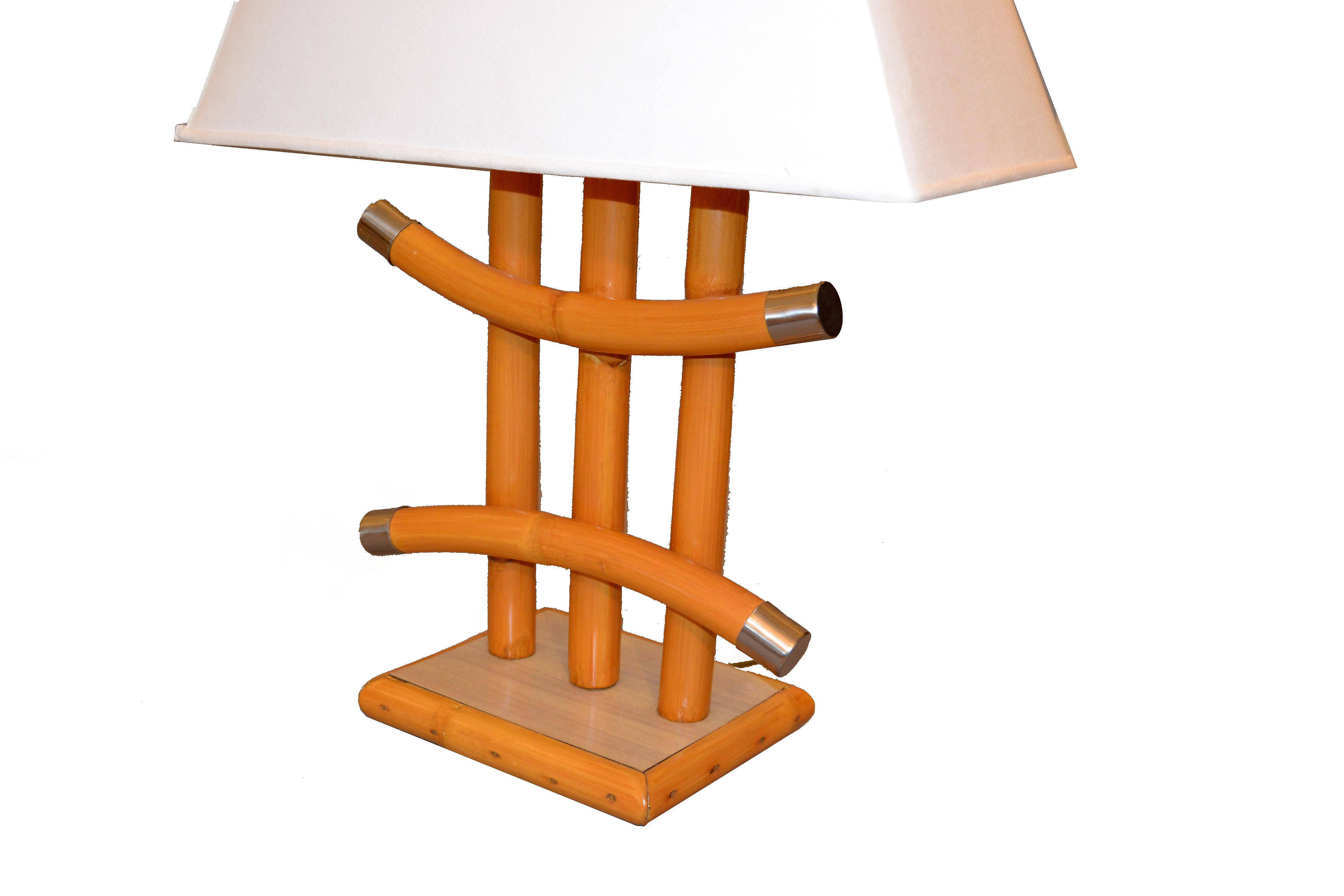 American Bohemian Handmade Bent Bamboo and Chrome Table Lamp For Sale