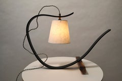Curved Table Lamp Sculpture, Handcrafted in Ebonized White Oak with Walnut Base