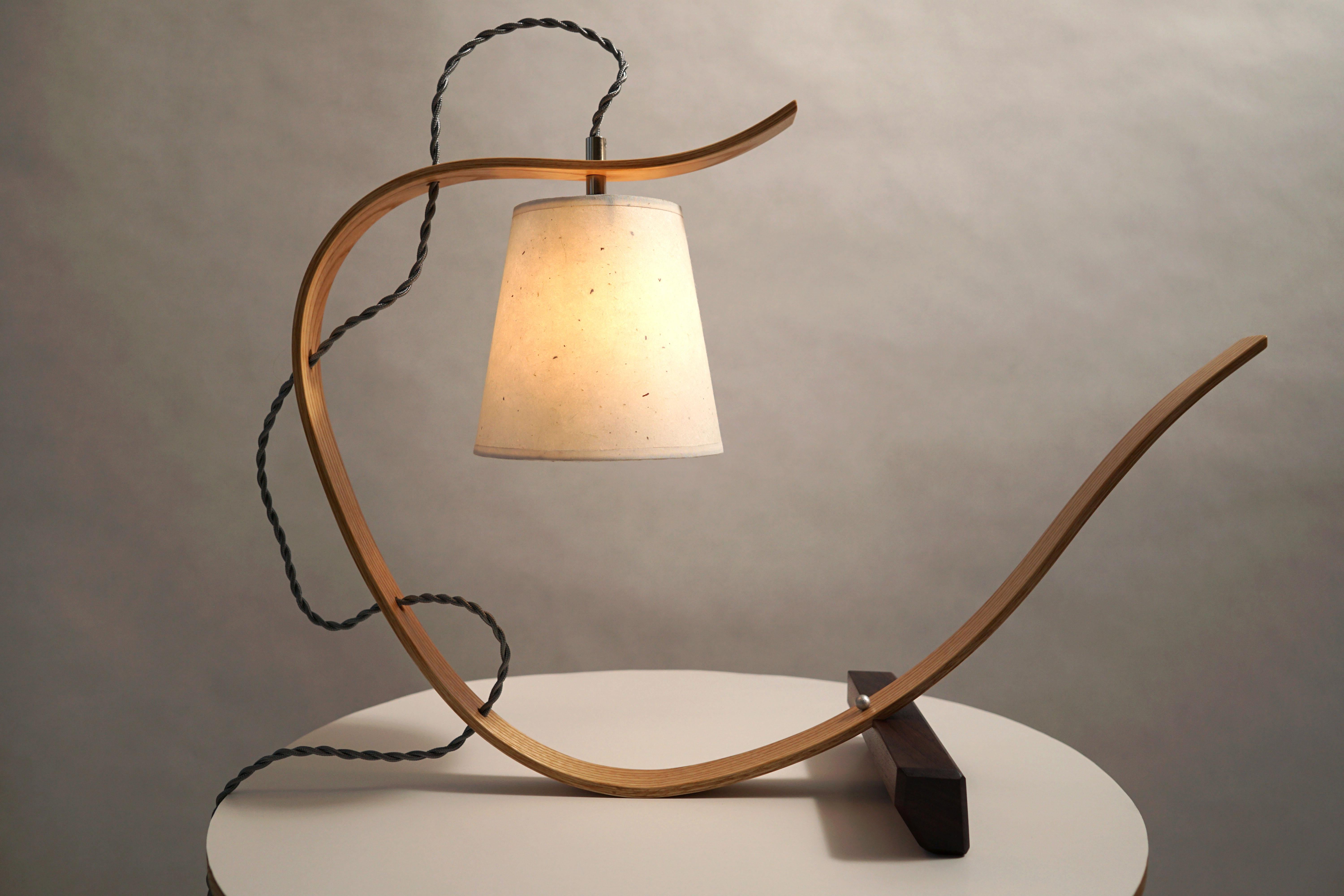 American Curved Table Lamp Sculpture, Handcrafted in Ebonized White Oak with Walnut Base For Sale