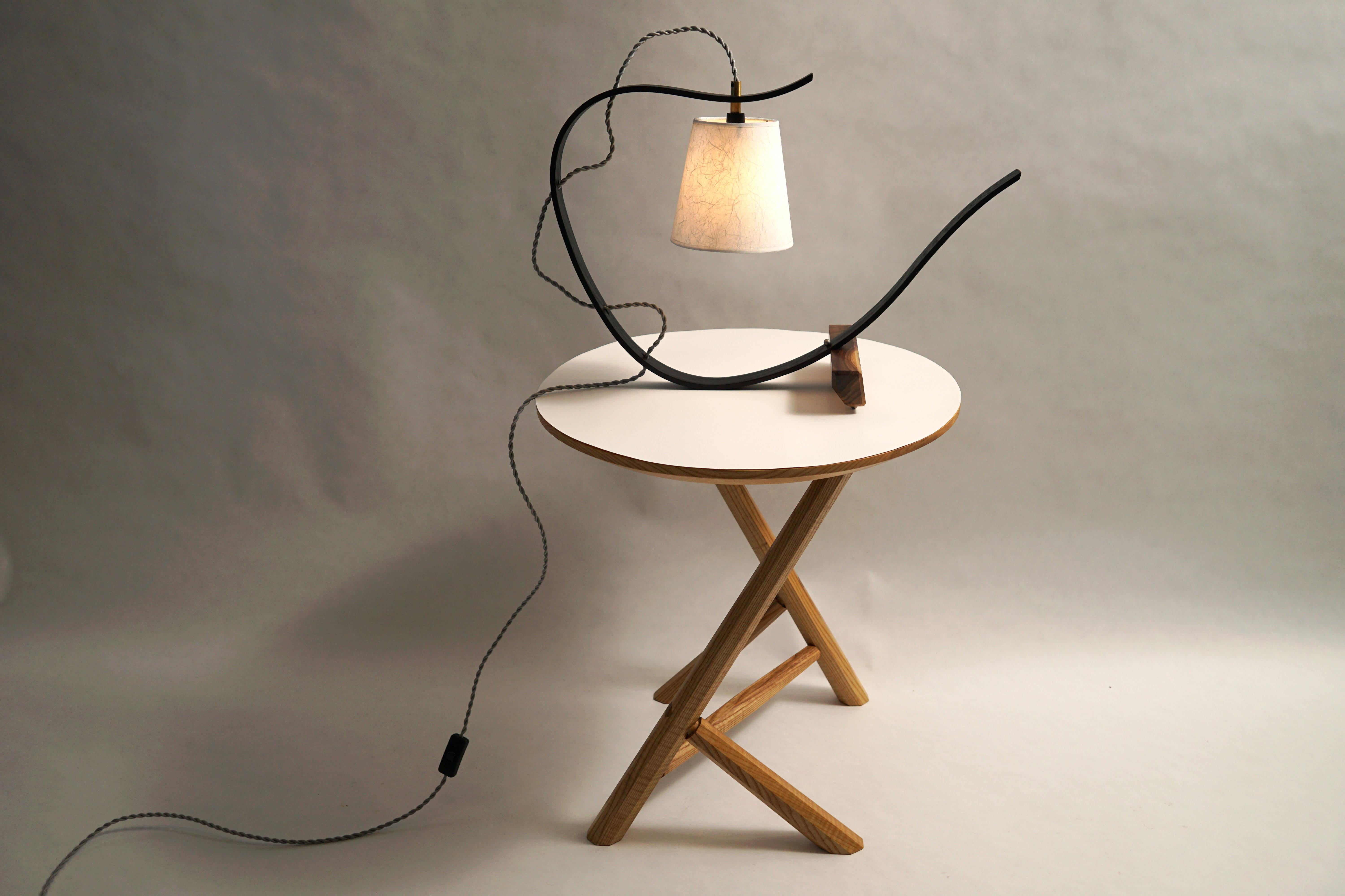 Scandinavian Modern Curved Table Lamp Sculpture, Handcrafted in Ash Wood with Walnut Base For Sale