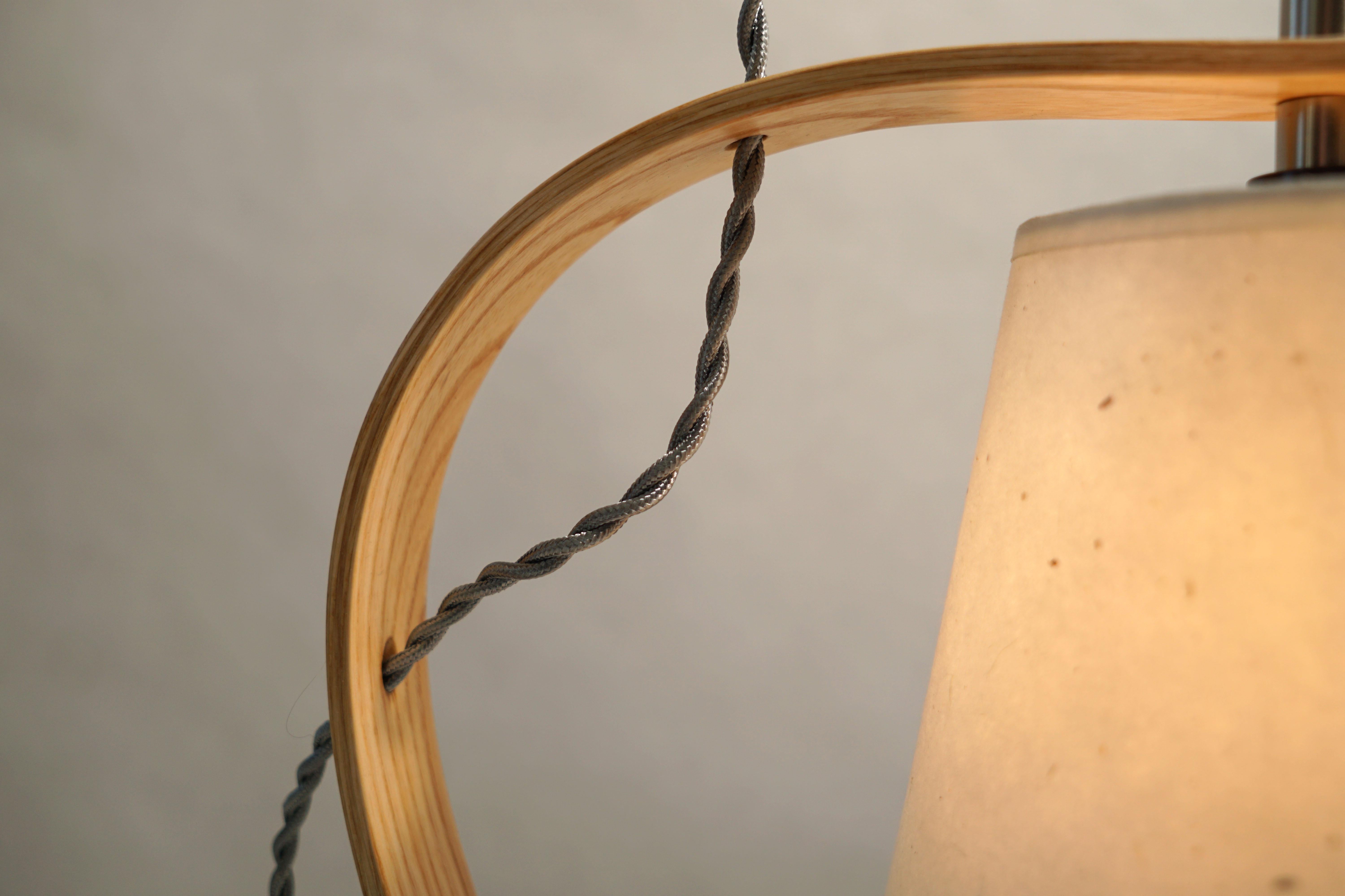 Hand-Crafted Curved Table Lamp Sculpture, Handcrafted in Ash Wood with Walnut Base For Sale