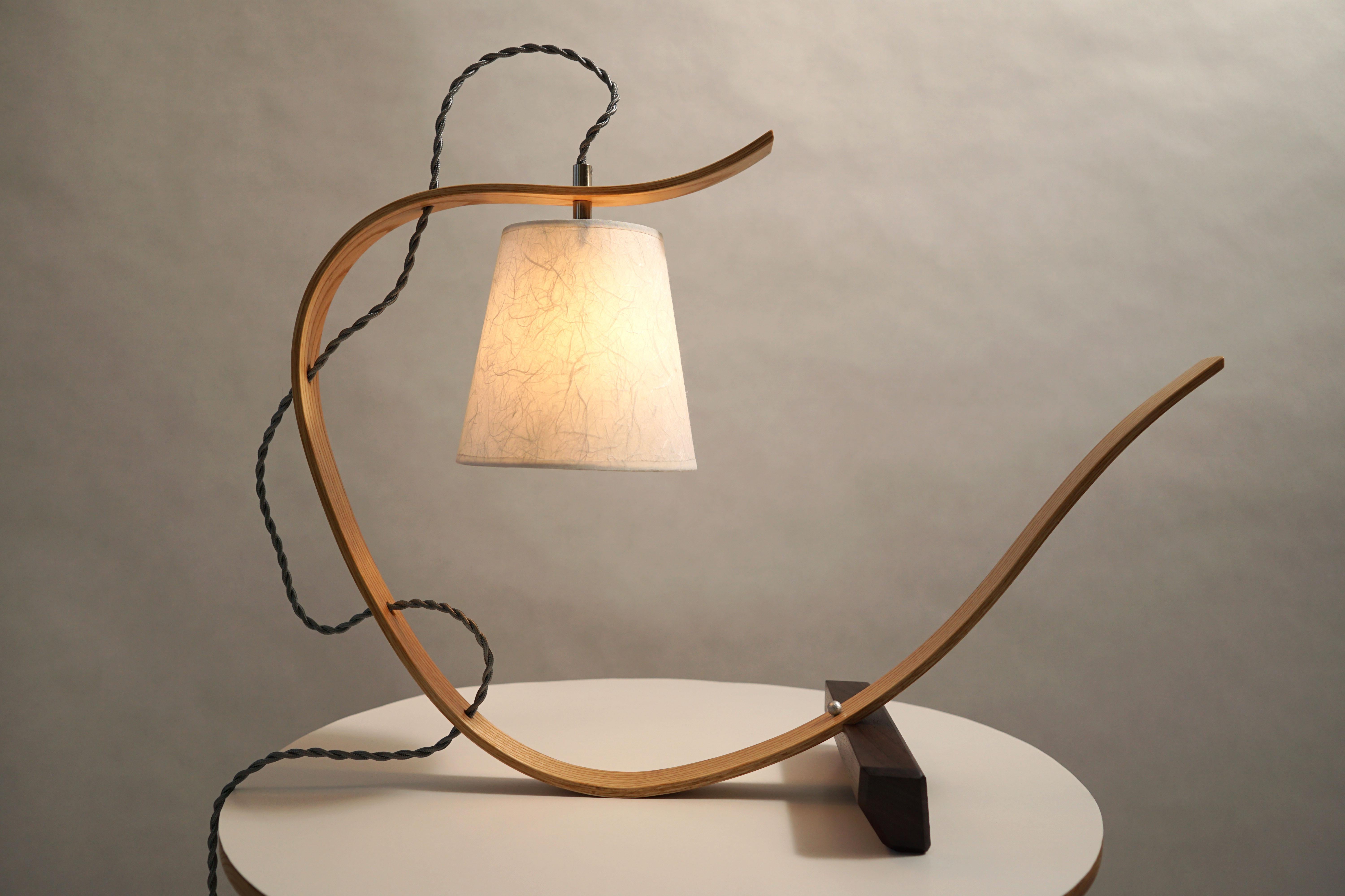 Contemporary Curved Table Lamp Sculpture, Handcrafted in Ash Wood with Walnut Base For Sale