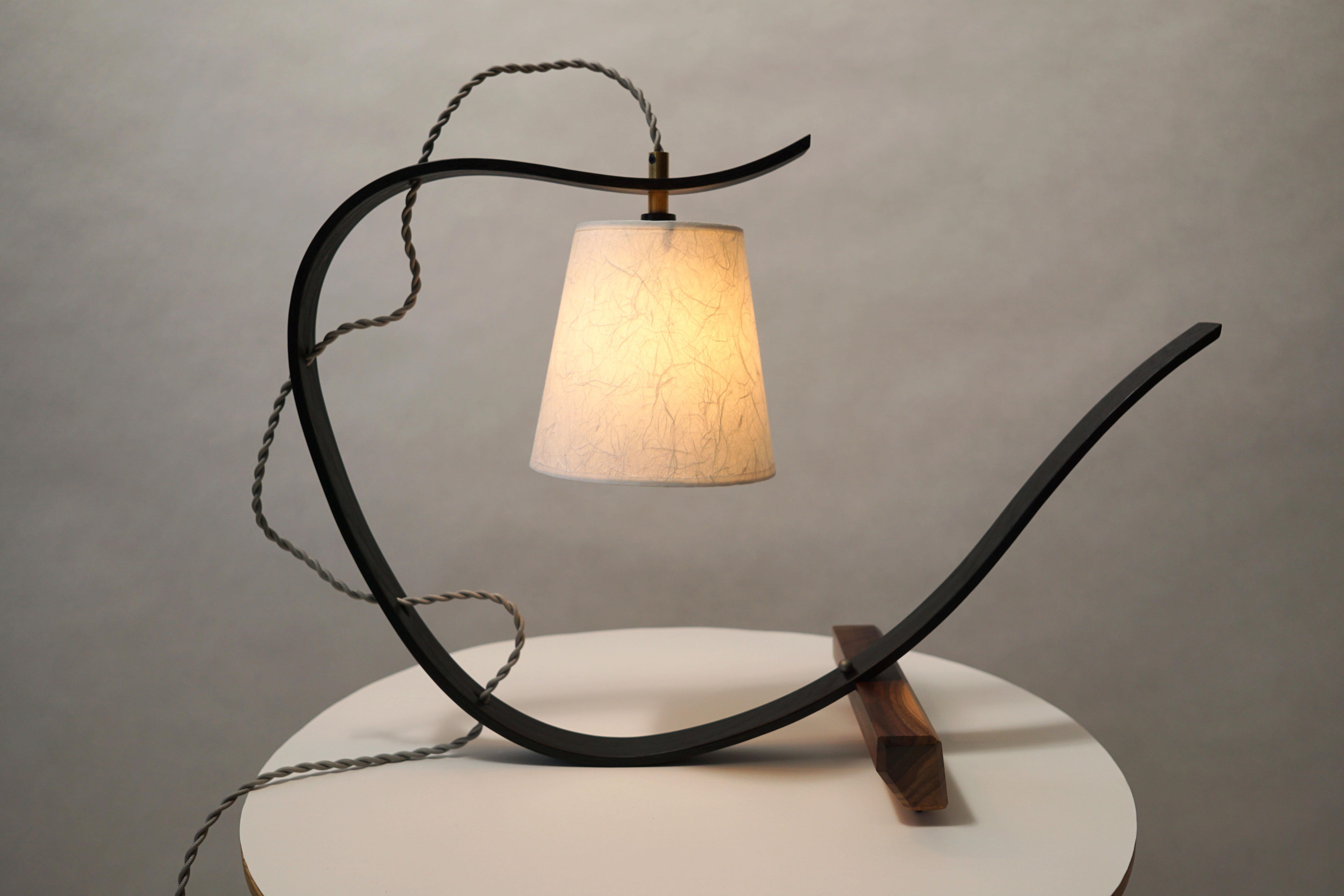 Curved Table Lamp Sculpture, Handcrafted in Ash Wood with Walnut Base For Sale 2