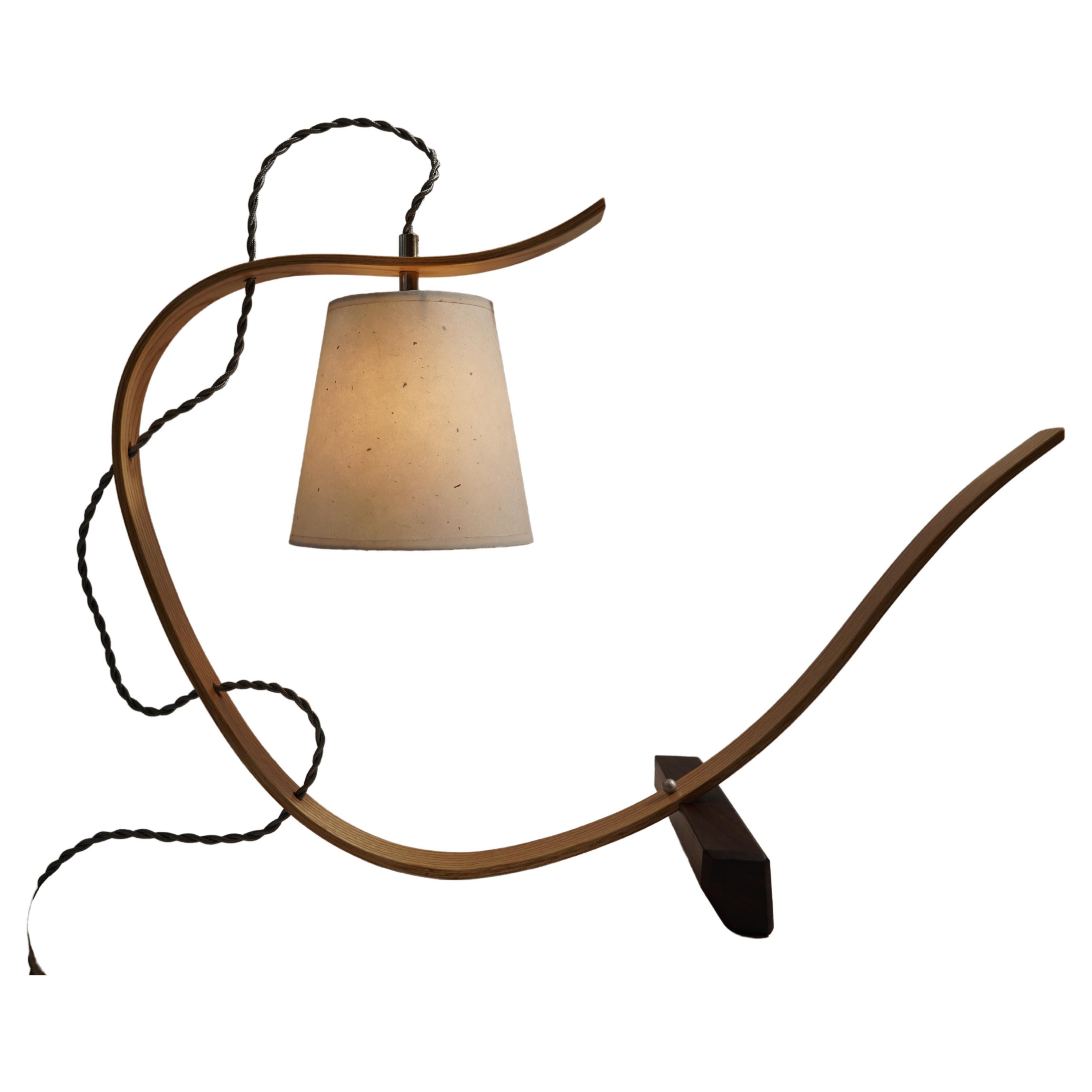 Curved Table Lamp Sculpture, Handcrafted in Ash Wood with Walnut Base For Sale