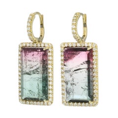 Handmade Bi-Colored Pink and Green Tourmaline Yellow Gold Diamond Pave Earrings