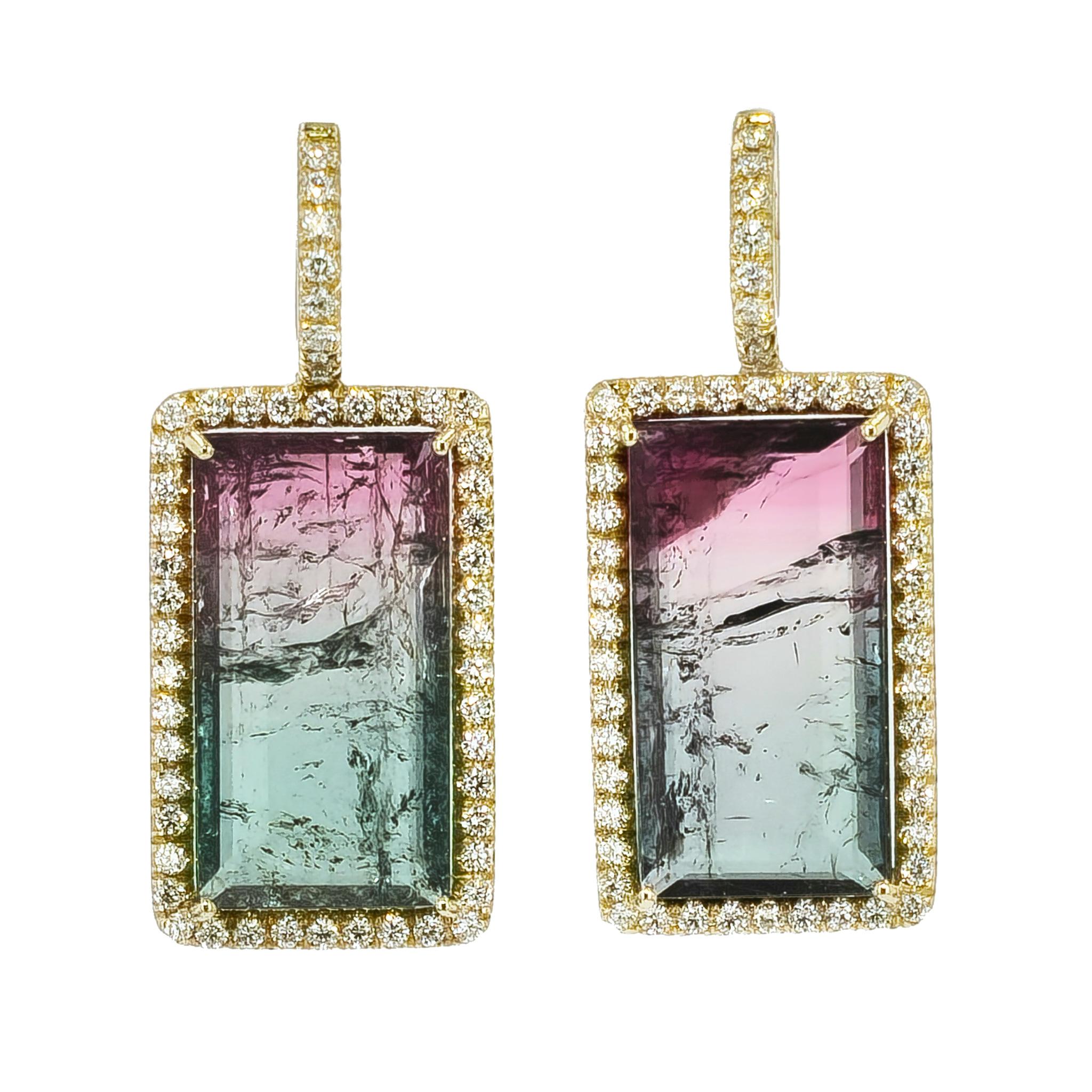 Emerald Cut Handmade Bi-Colored Pink and Green Tourmaline Yellow Gold Diamond Pave Earrings For Sale
