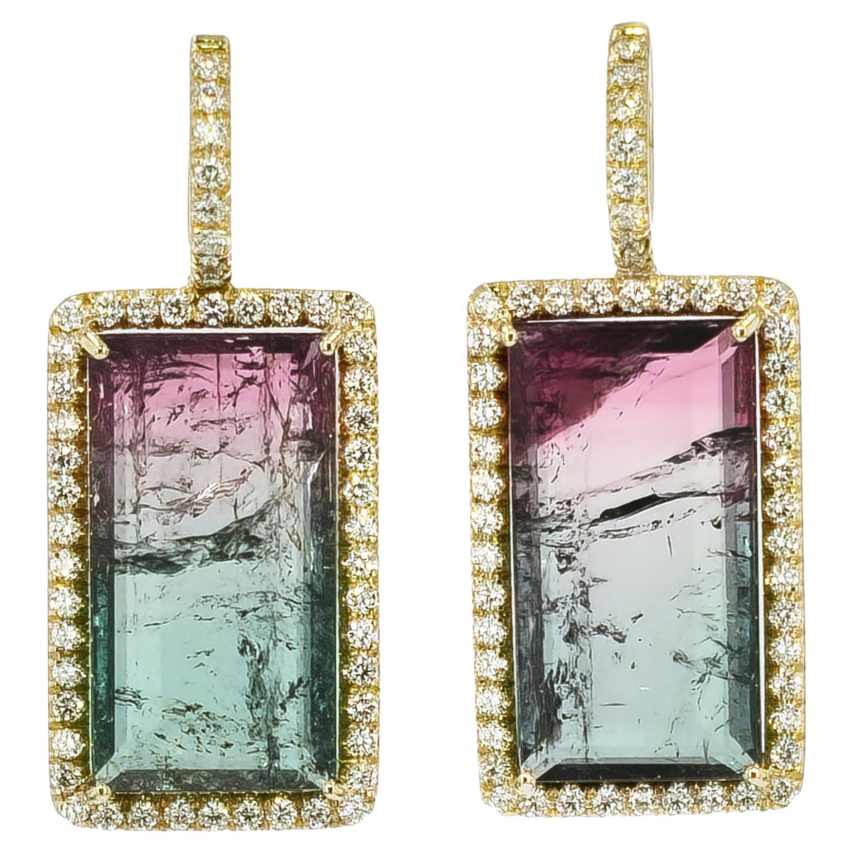 Handmade Bi-Colored Pink and Green Tourmaline Yellow Gold Diamond Pave Earrings For Sale