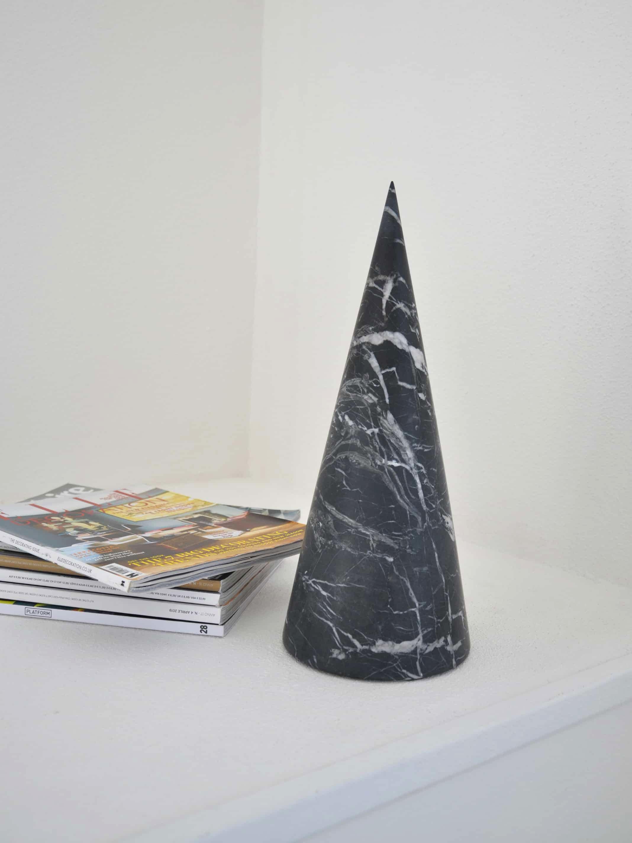 Handmade Big Decorative Paperweight Cone in Satin Black Marquina Marble For Sale 1