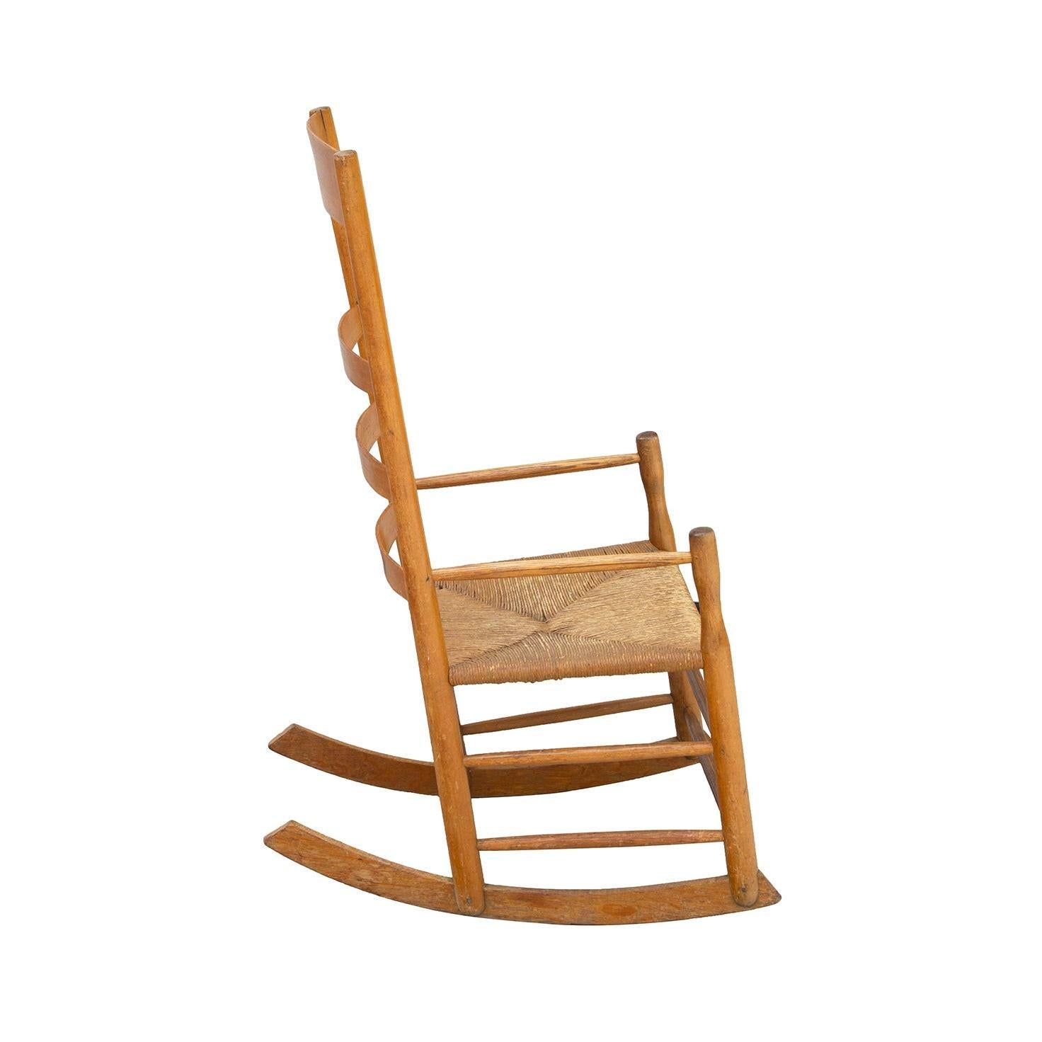 Mid-20th Century Handmade Birch Rocker with Woven Rush Seat For Sale