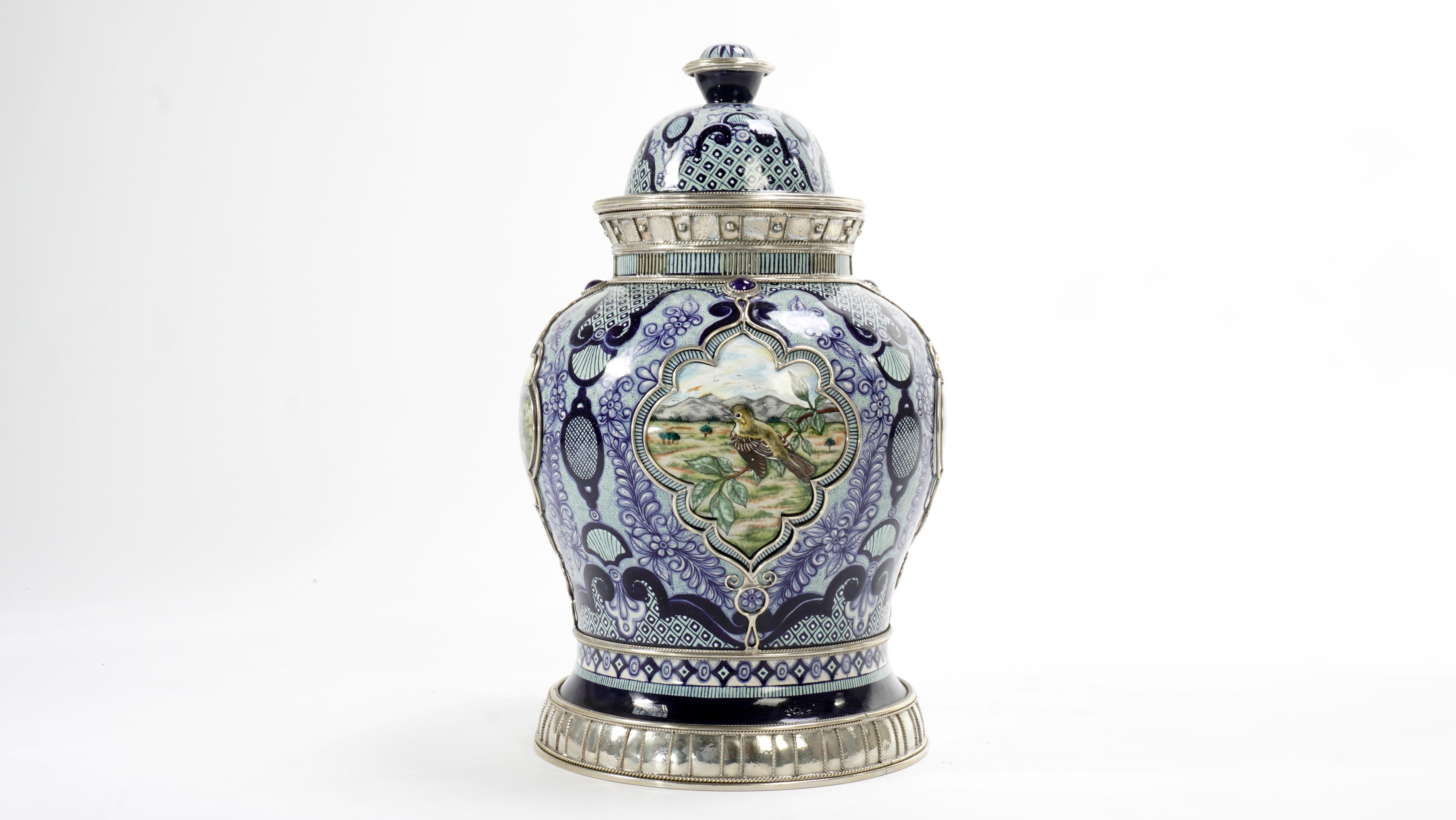 Other Handmade Bird Jar, Ceramic and White Metal ‘Alpaca’, One of a Kind