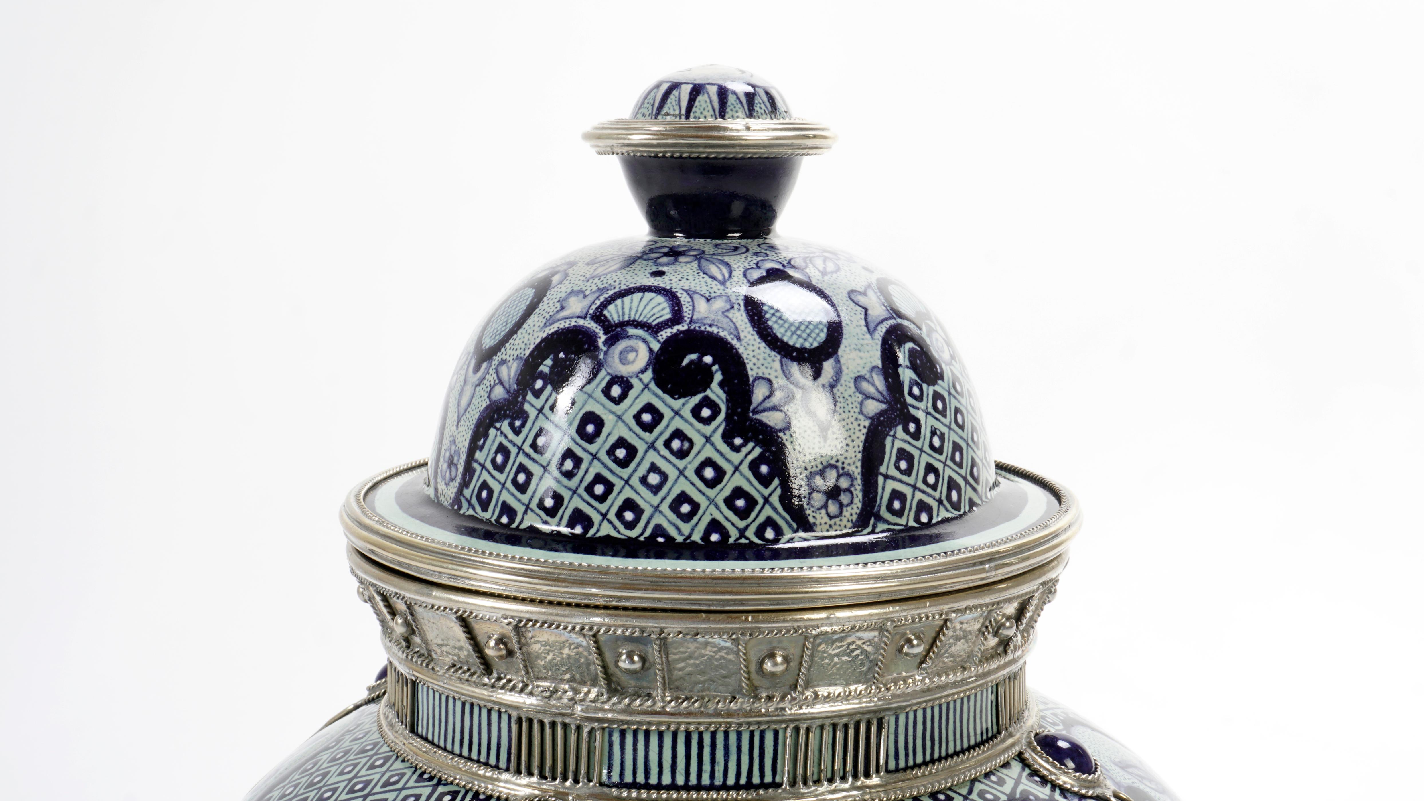 Glazed Handmade Bird Jar, Ceramic and White Metal ‘Alpaca’, One of a Kind