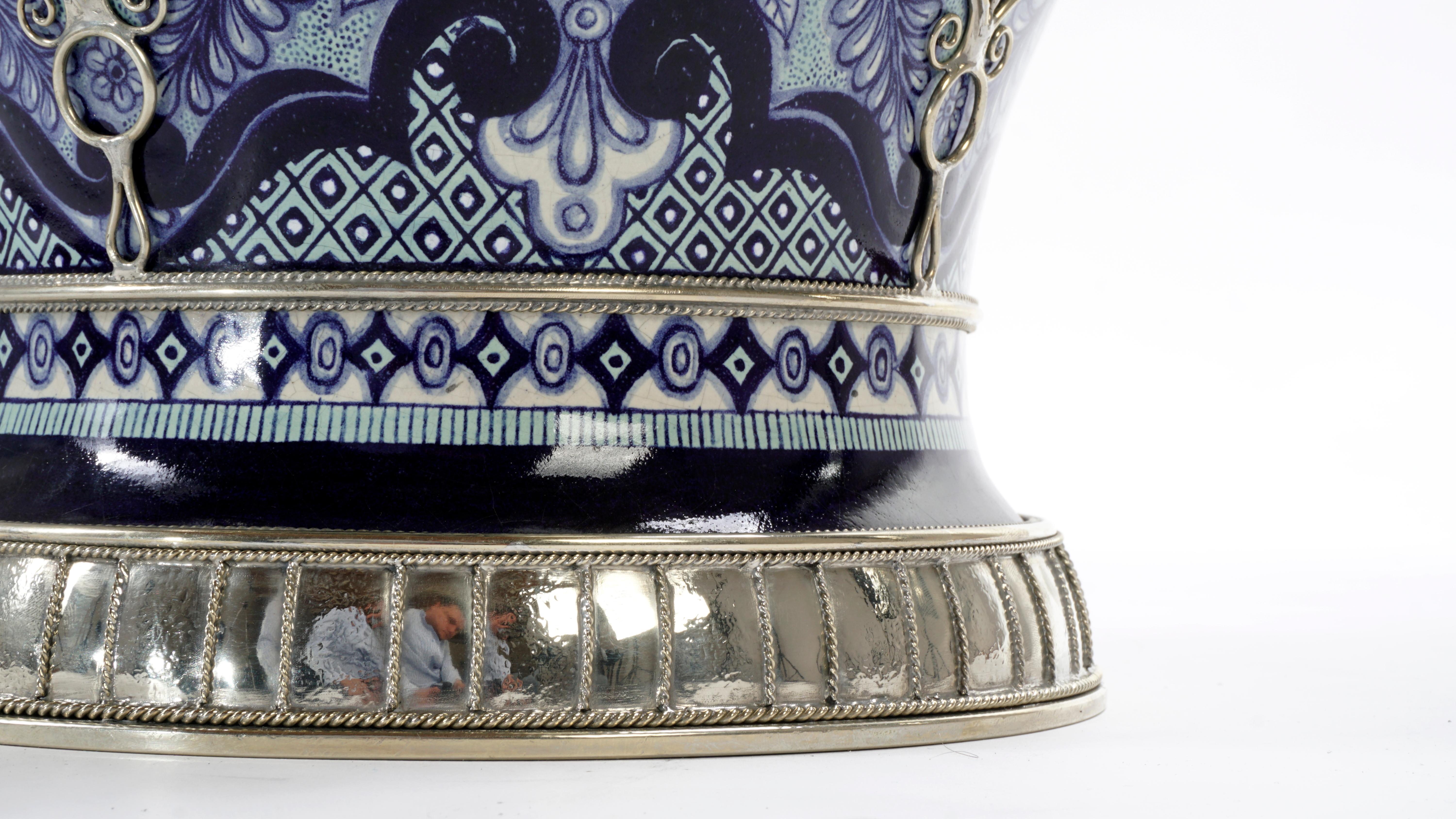 Contemporary Handmade Bird Jar, Ceramic and White Metal ‘Alpaca’, One of a Kind