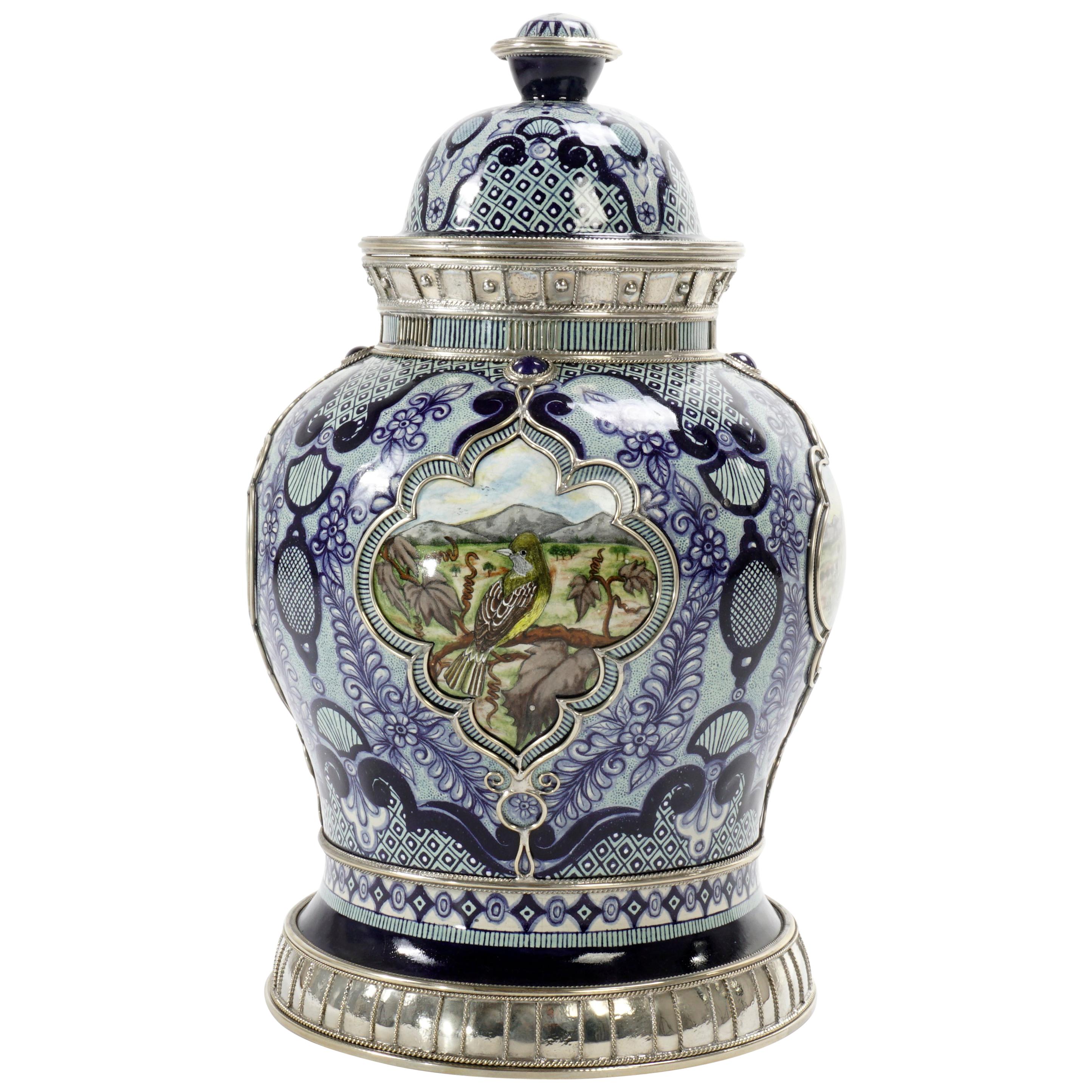 Handmade Bird Jar, Ceramic and White Metal ‘Alpaca’, One of a Kind