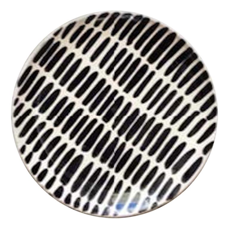 Handmade Black and White Ceramic Dash Pattern Dinner Plates, in Stock For Sale