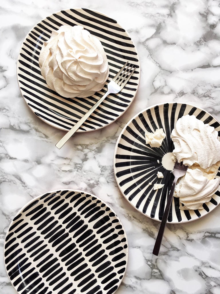 Handmade Black and White Ceramic Dash Pattern Salad Plates, in Stock