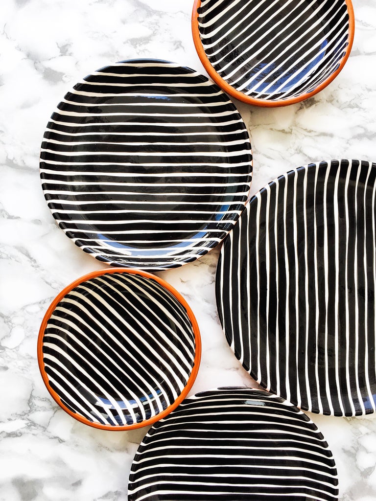 Handmade Black and White Stripe Ceramic Salad Plates, in Stock For Sale