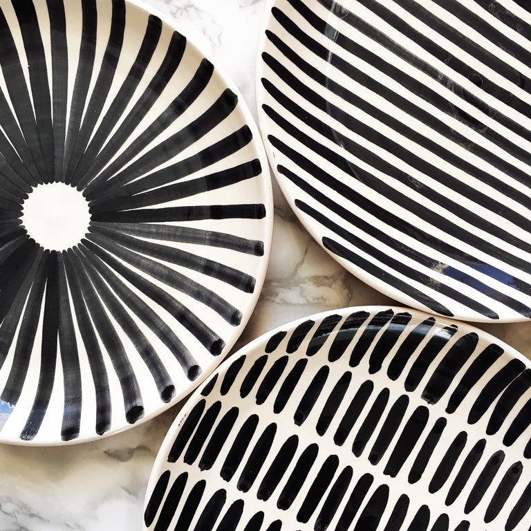 Handmade Black and White Stripe Ceramic Salad Plates, in Stock at 1stDibs
