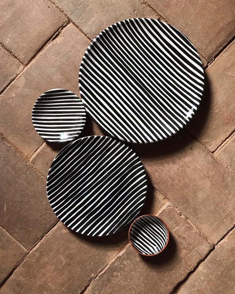 Handmade Black and White Stripe Ceramic Salad Plates, in Stock For Sale