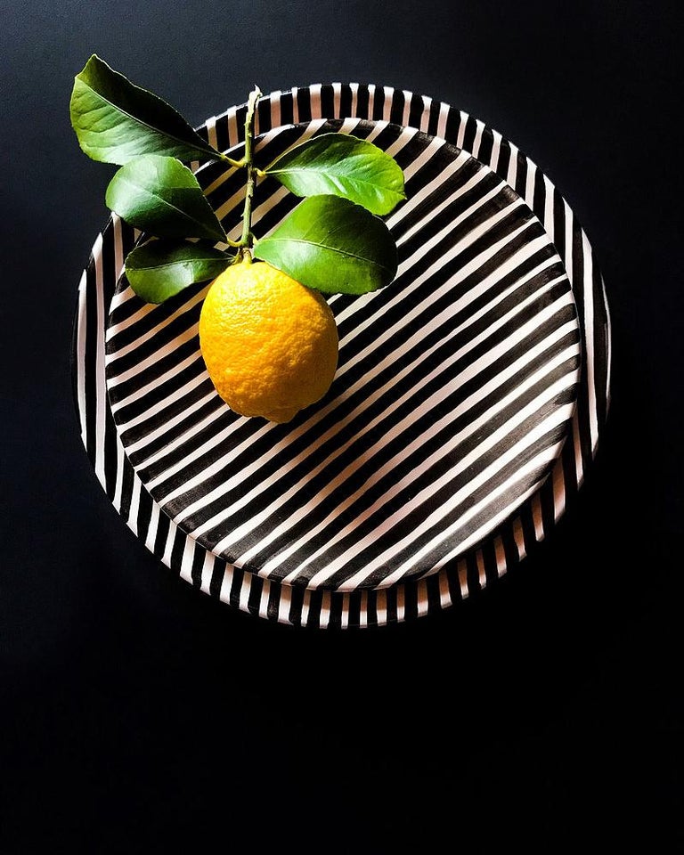 Handmade Black and White Stripe Ceramic Salad Plates, in Stock For Sale