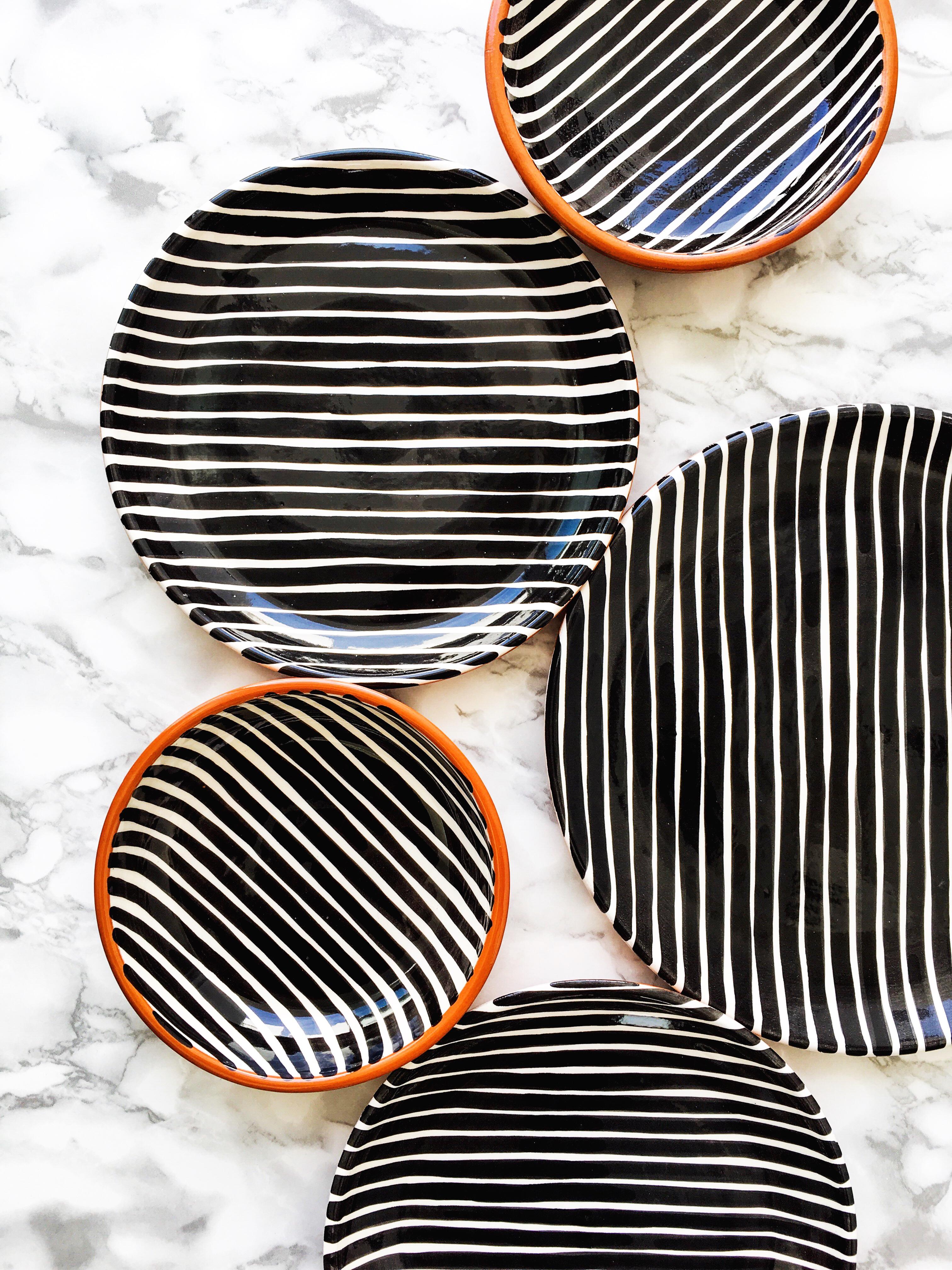 Contemporary Handmade Black and White Stripe Ceramic Salad Plates, in Stock For Sale