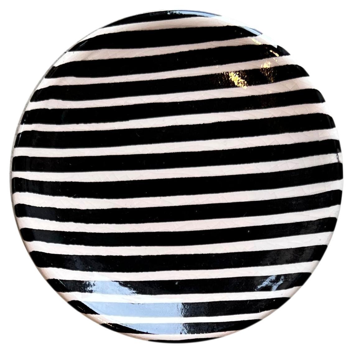 Handmade Ceramic Black and White Ray Pattern Saucer, in Stock For Sale