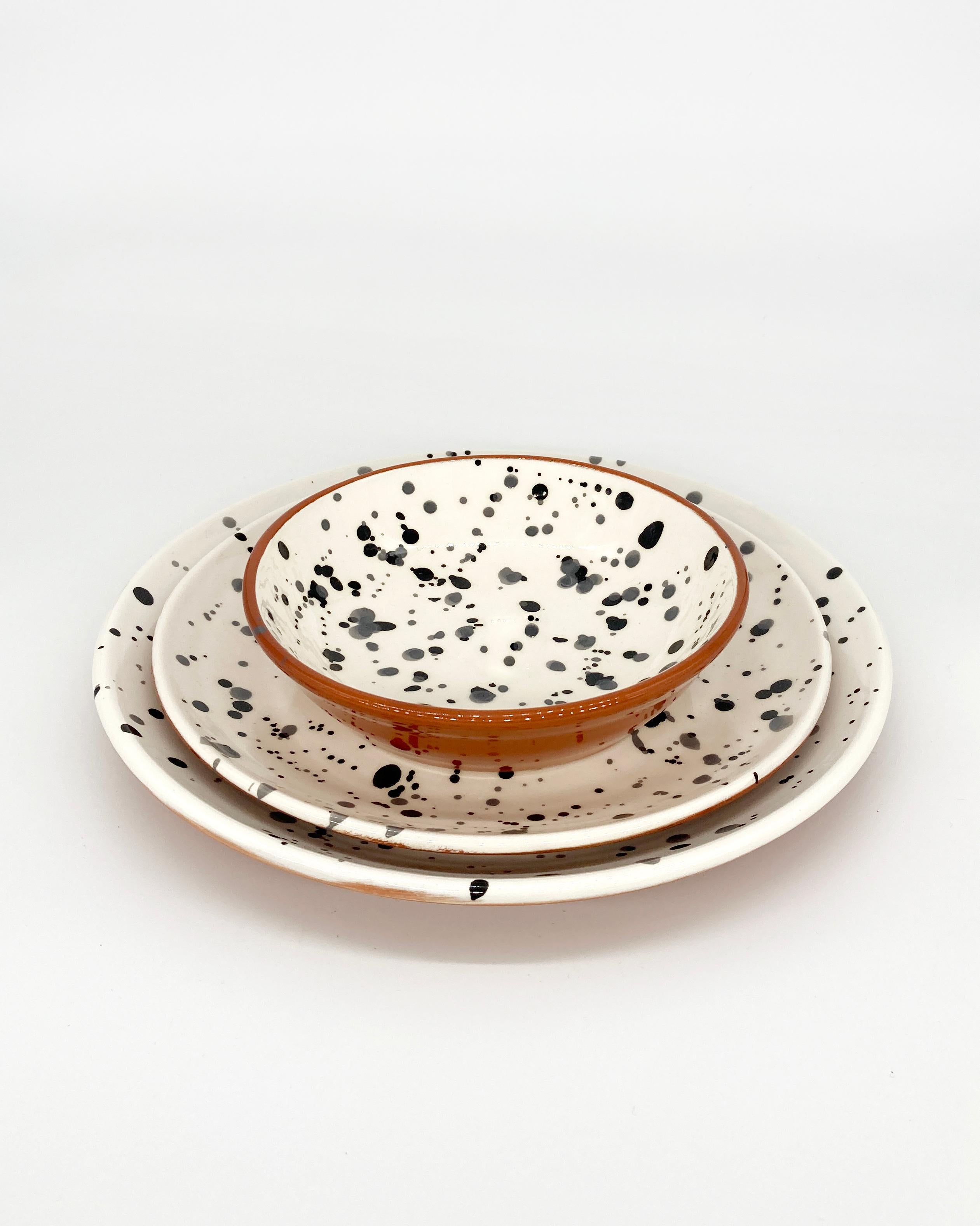 Rustic Handmade Black and White Terra Cotta Dot Pattern Dinner Plates, in Stock For Sale