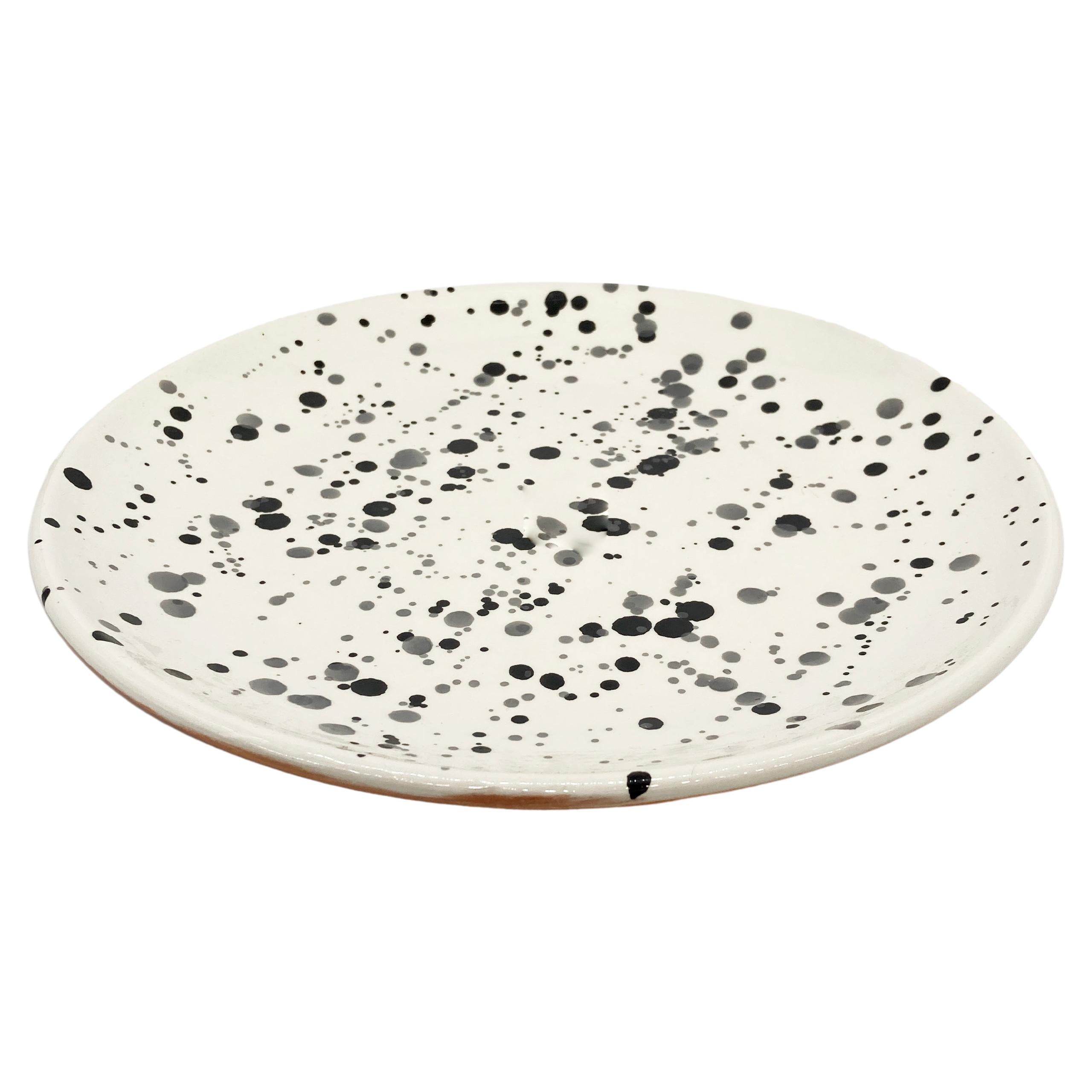 Handmade Black and White Terra Cotta Dot Pattern Dinner Plates, in Stock