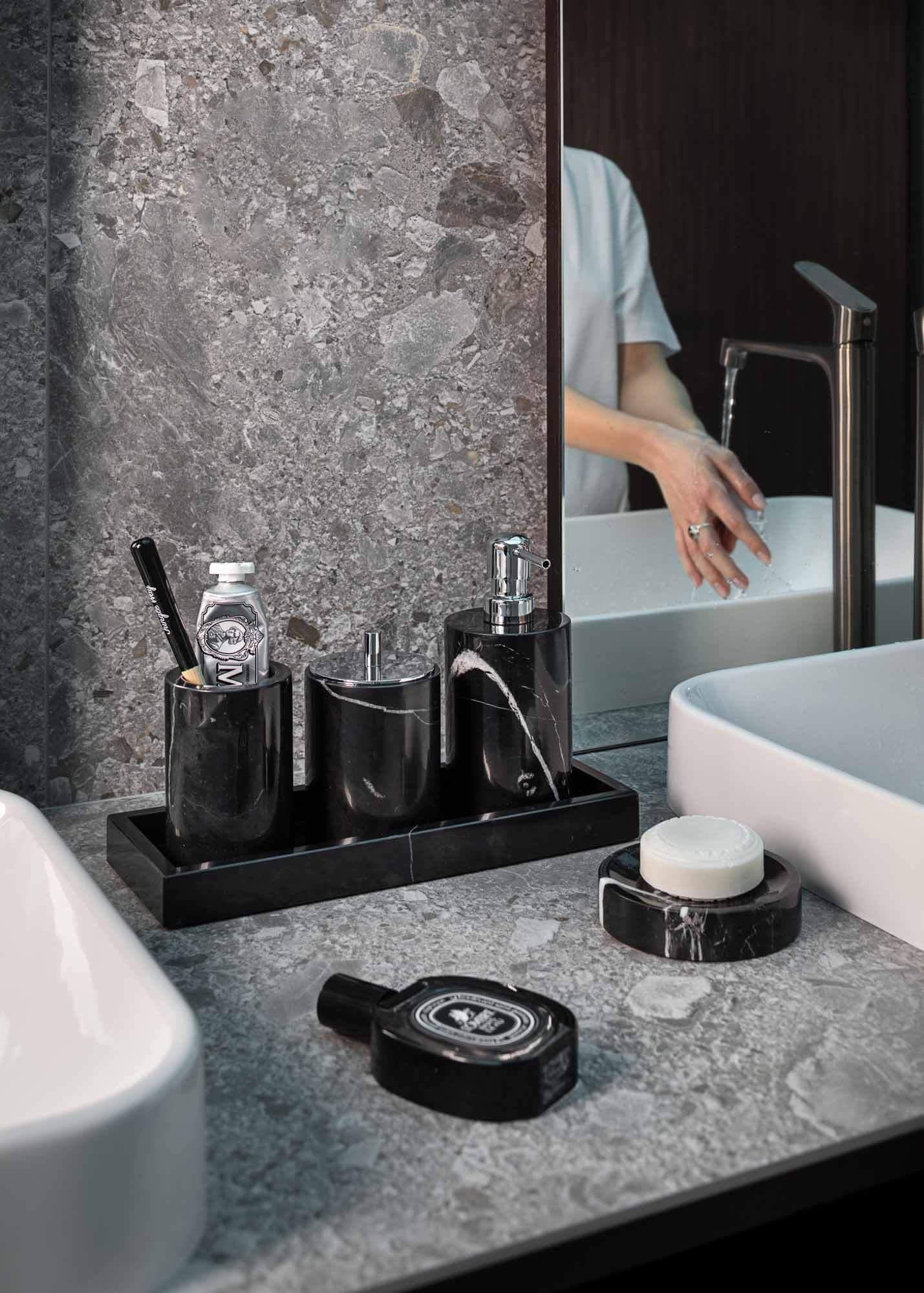 Crafted from elegant Black Marquina marble, this deluxe bathroom set is designed to enhance both the beauty and functionality of your bathroom, spa, or hotel.

The bathroom set contains a rectangular tray, soap dispenser, soap dish, toothbrush