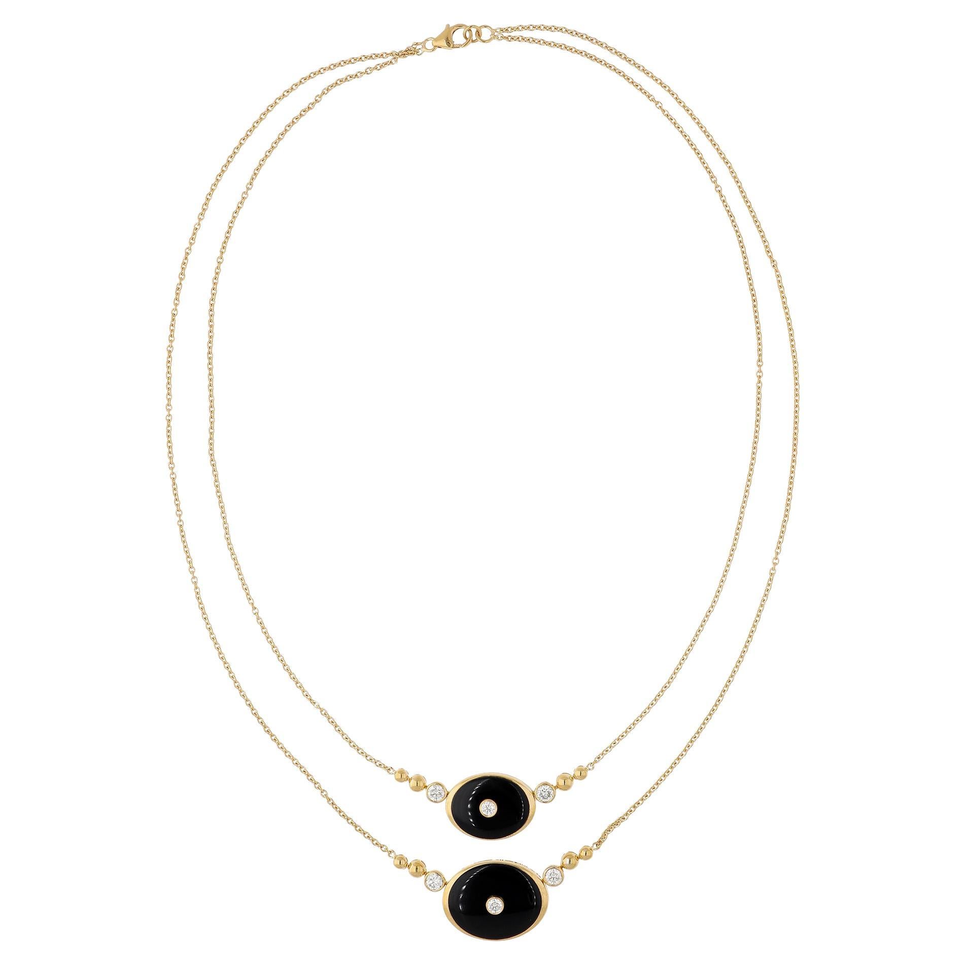 Collier en or jaune 18k fait main avec breloques en onyx noir et diamants à double couche