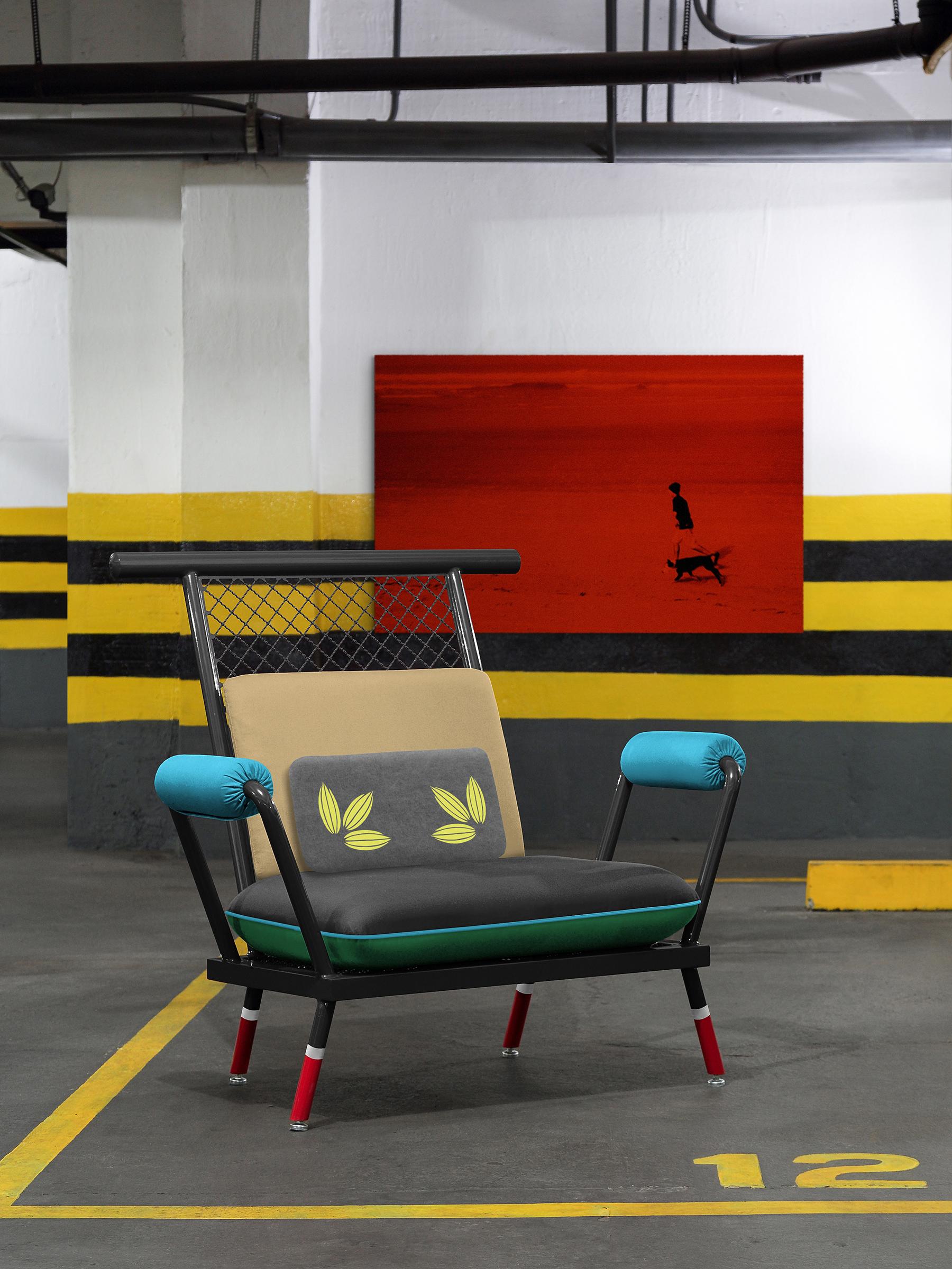 Handgefertigter PK6 Sessel in Schwarz und Rot aus Kohlenstoffstahl und Metallgeflecht von Paulo Kobylka (Industriell) im Angebot