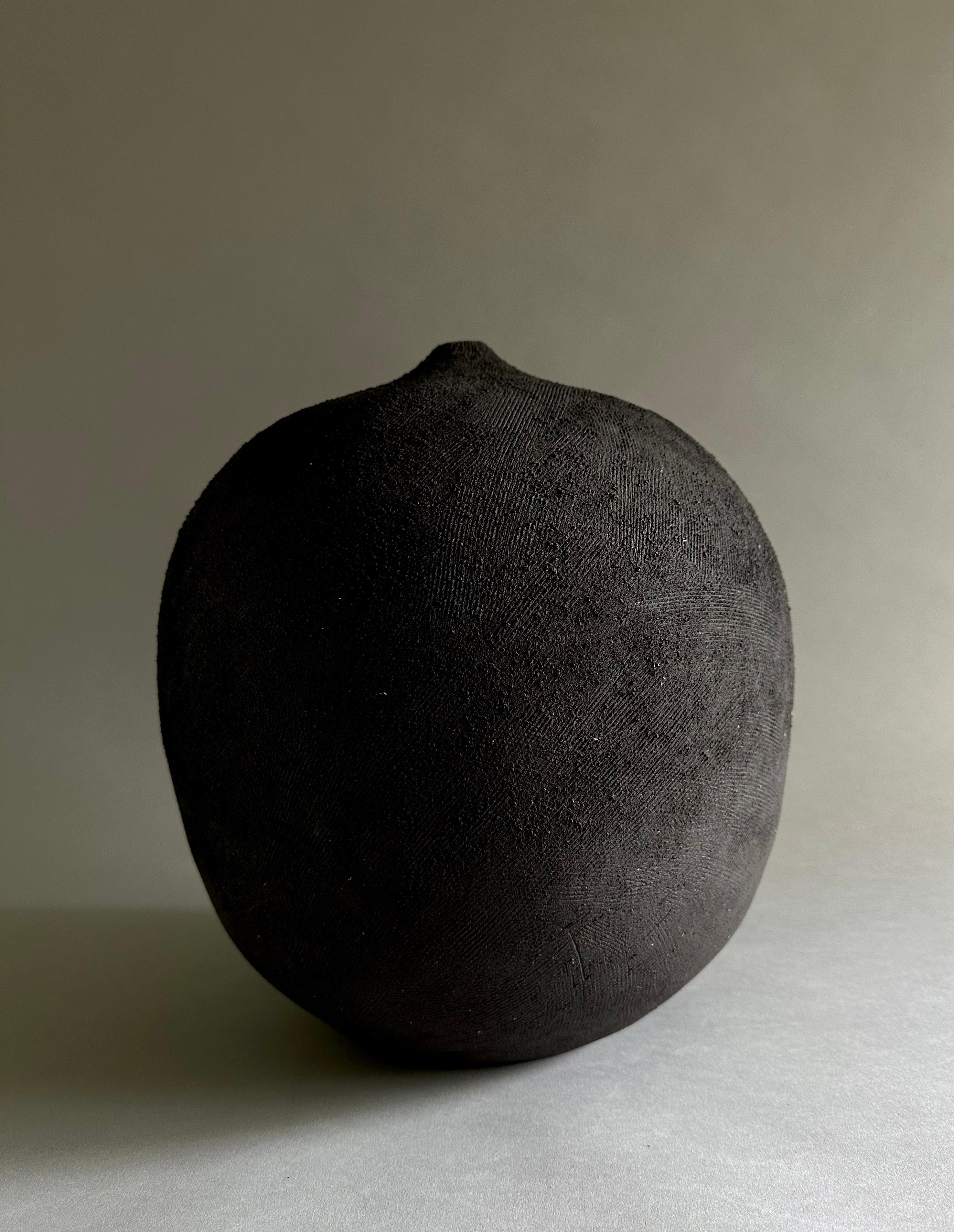 Italian Handmade Black Textured Stoneware Decorative Vase For Sale