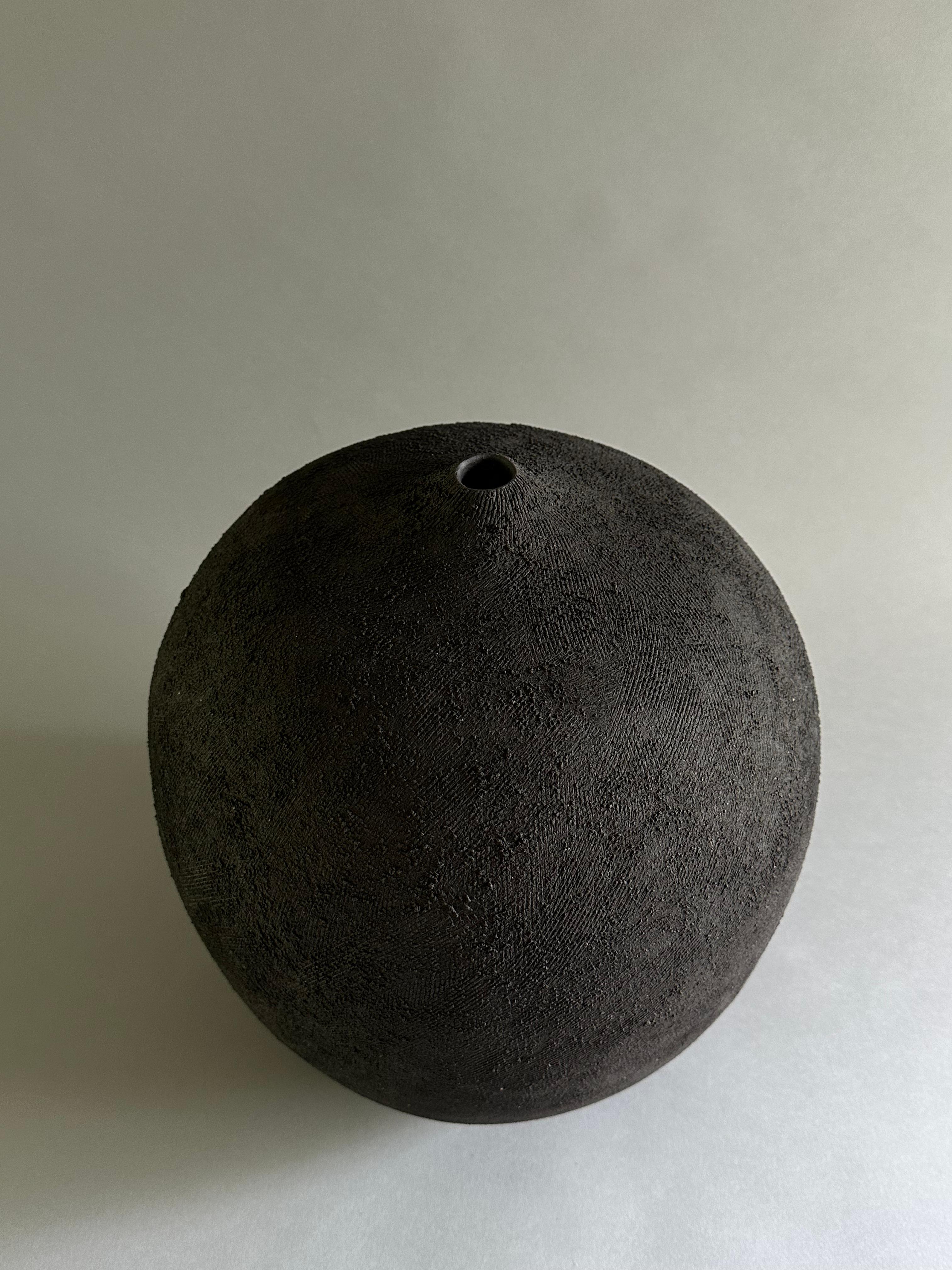 Hand-Crafted Handmade Black Textured Stoneware Decorative Vase For Sale