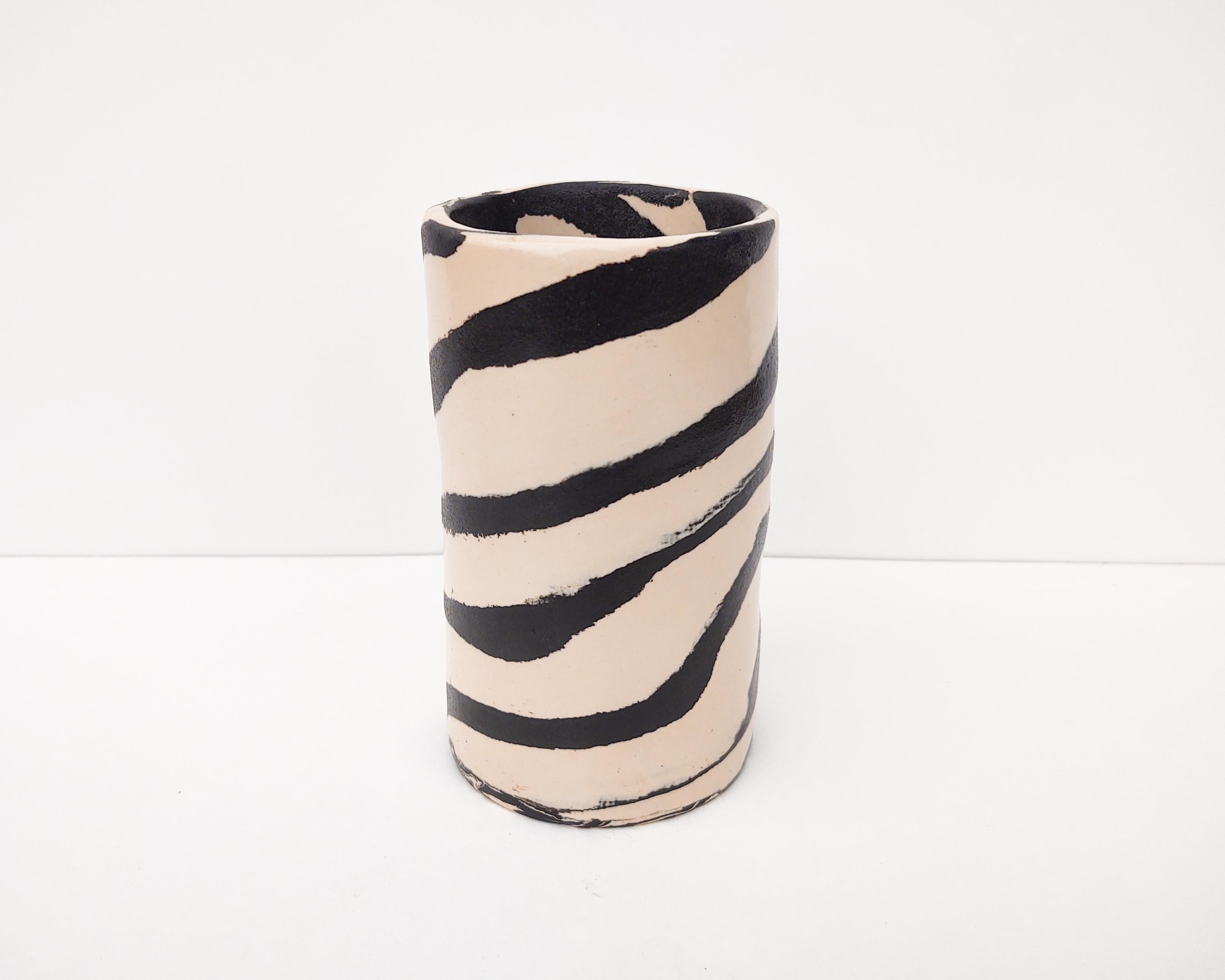 Organic Modern Handmade Black & White Spiral Striped Nerikomi Vase by Fizzy Ceramics For Sale