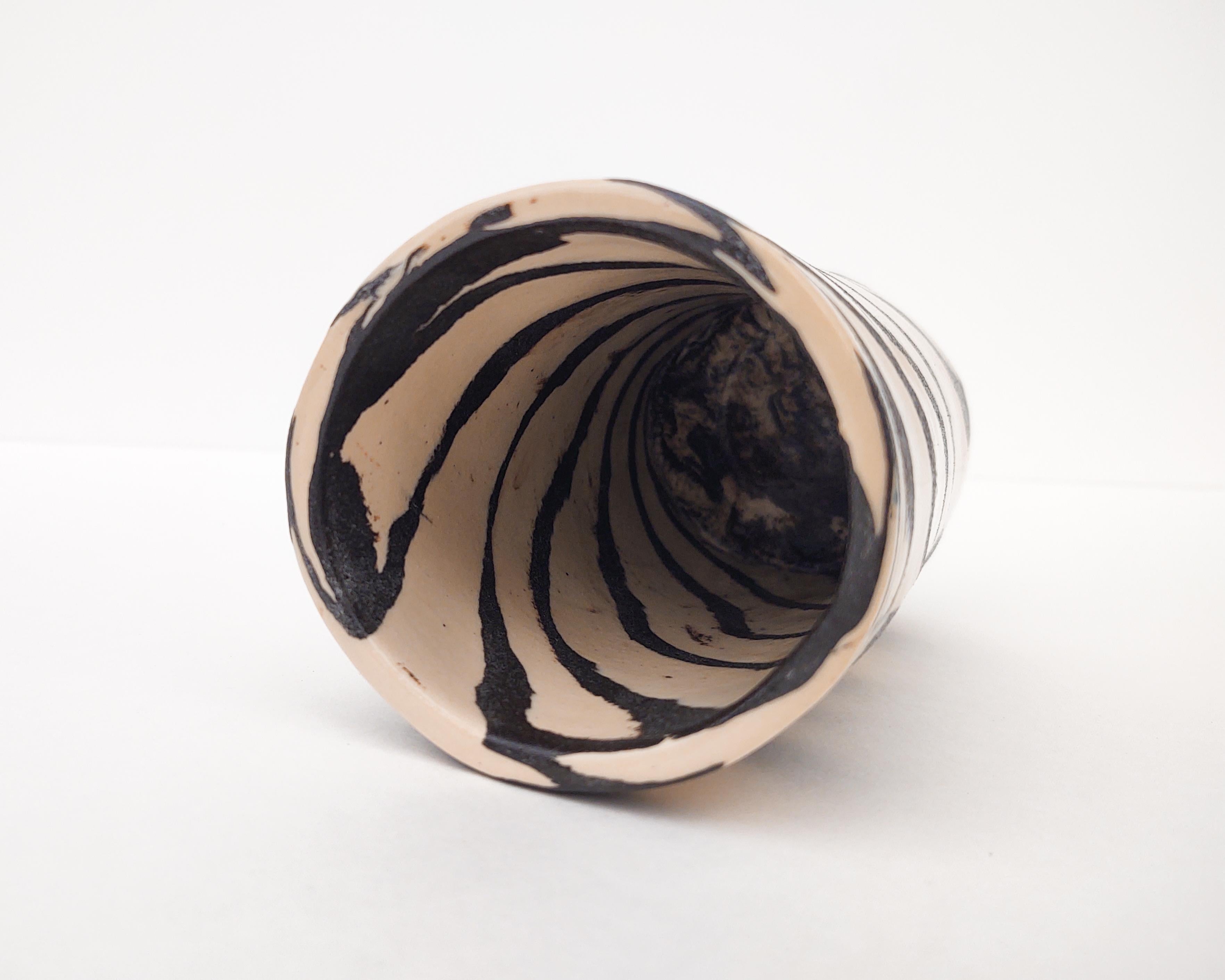 Pottery Handmade Black & White Spiral Striped Nerikomi Vase by Fizzy Ceramics For Sale
