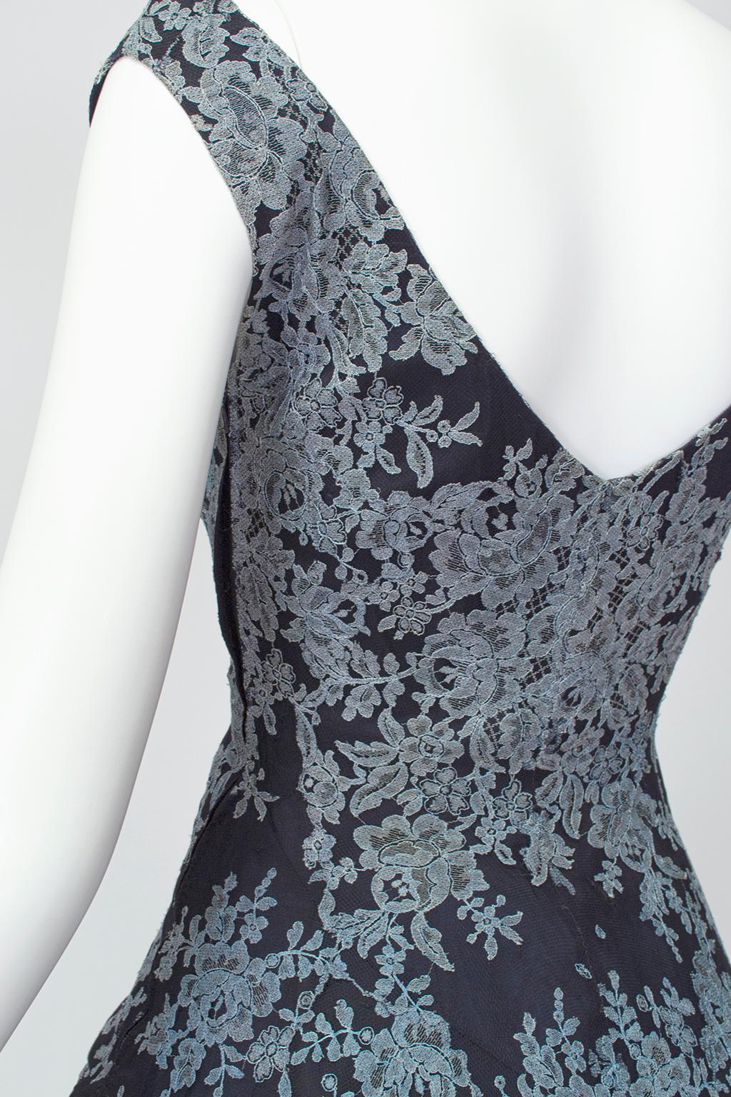 Bespoke Spanish Blue and Black Lace Mantilla Drop Waist Party Dress – XS, 1950s For Sale 2