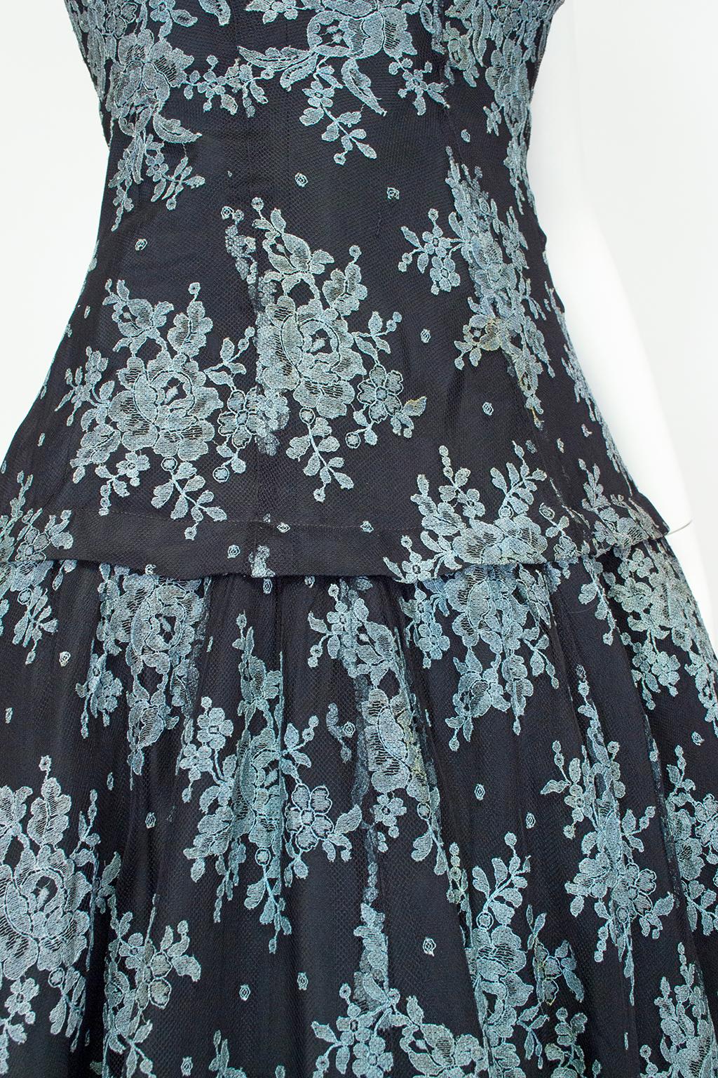 Bespoke Spanish Blue and Black Lace Mantilla Drop Waist Party Dress – XS, 1950s For Sale 4